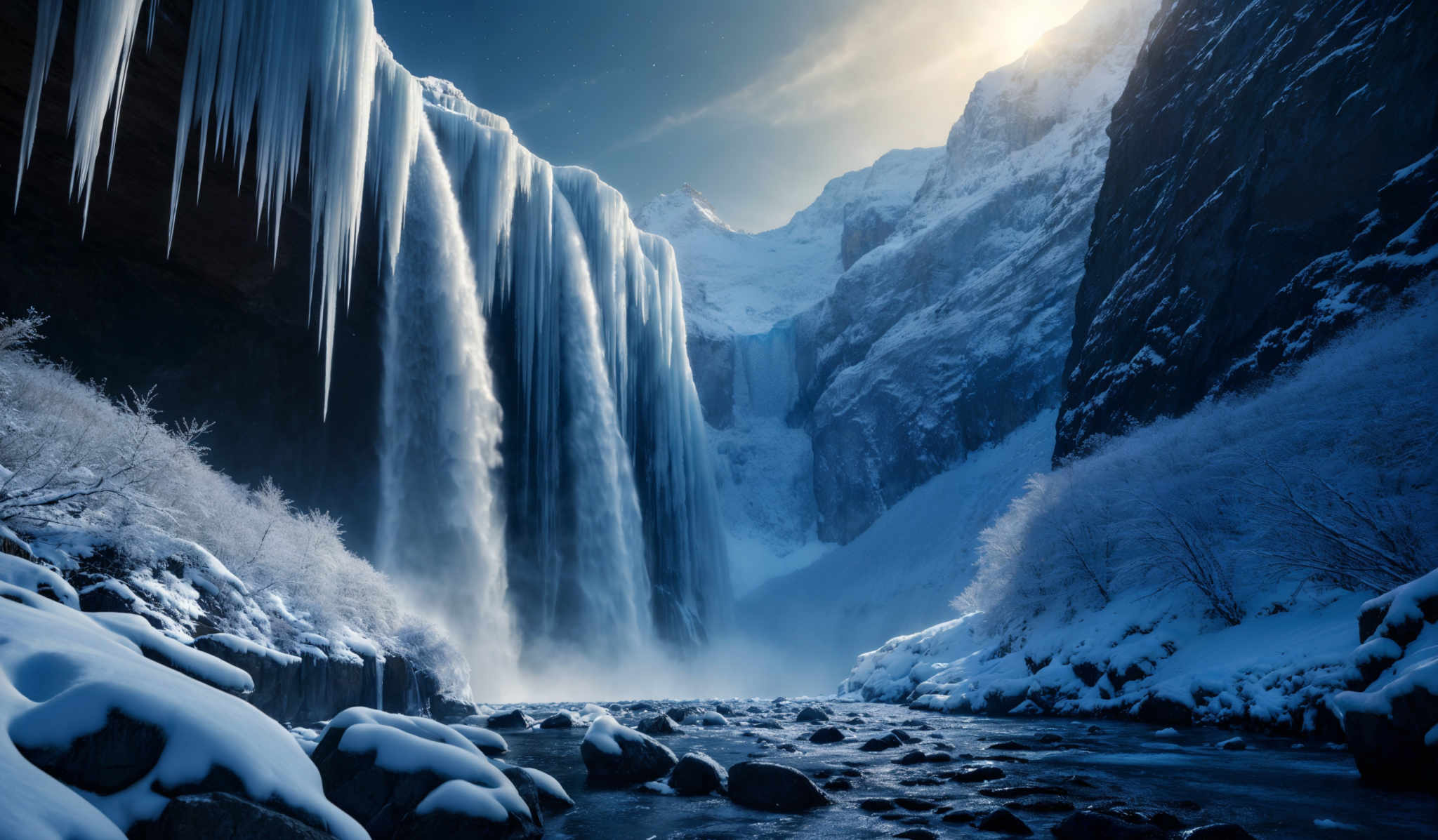 The image showcases a breathtaking winter landscape. Dominating the scene is a cascading waterfall that flows down a cliff, surrounded by large icicles. The waterfall is surrounded by snow-covered rocks and trees, creating a serene and frozen environment. The sky above is a mix of deep blue and white, with the sun peeking through, casting a soft glow on the scene. The overall color palette is cool, with shades of blue, white, and gray dominating the image, evoking a sense of tranquility and coldness.