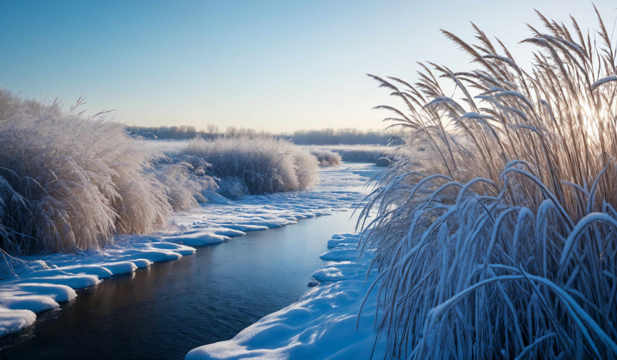 The image showcases a serene winter landscape. Dominating the foreground are tall, frosted grasses that appear to be swaying gently, their intricate details highlighted by the frost. These grasses are contrasted against a pristine blue sky. In the middle ground, there's a narrow stream or river, its banks lined with snow. The water reflects the sky and the surrounding environment, adding depth to the scene. In distant background, there are more trees, some of which are bare, suggesting it might be late winter or early spring.