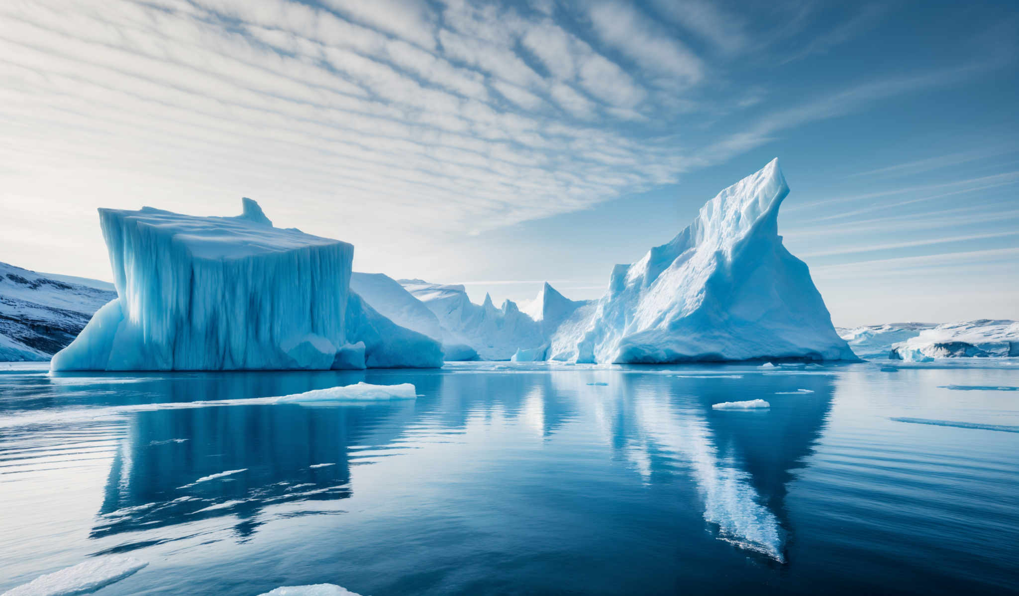 The image showcases a breathtaking icy landscape. Dominating the scene are towering icebergs, some of which have a jagged and sharp appearance, while others have a more smooth and flowing form. The iceberg in the foreground has a unique shape resembling a cathedral with its tall, slender structure and cascading waterfalls. The color palette is predominantly blue, ranging from deep navy to lighter shades, reflecting the ice's translucence and the surrounding water. The sky above is a clear blue with wisps of white clouds, suggesting a calm and serene atmosphere.