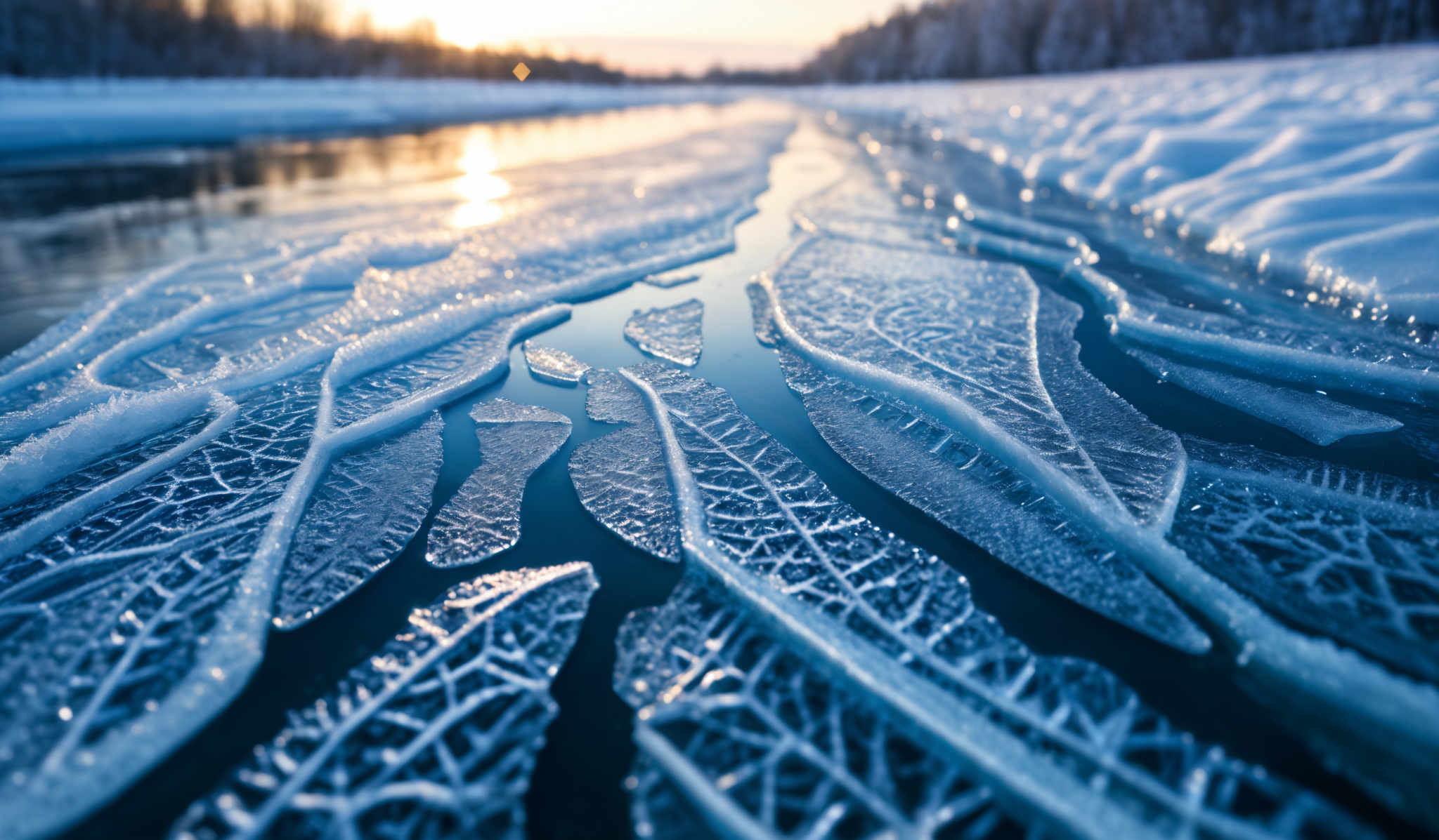 The image showcases a breathtaking view of a frozen landscape during what appears to be sunset or sunrise. The dominant colors are various shades of blue, from deep navy to lighter icy blue. The frozen formations in the foreground are intricate, resembling delicate lacework with patterns that look like interconnected veins or branches. These formations are translucent, allowing the blue hue of the water to shine through. The background reveals a serene body of water reflecting the golden glow of the sun, surrounded by snow-covered trees.