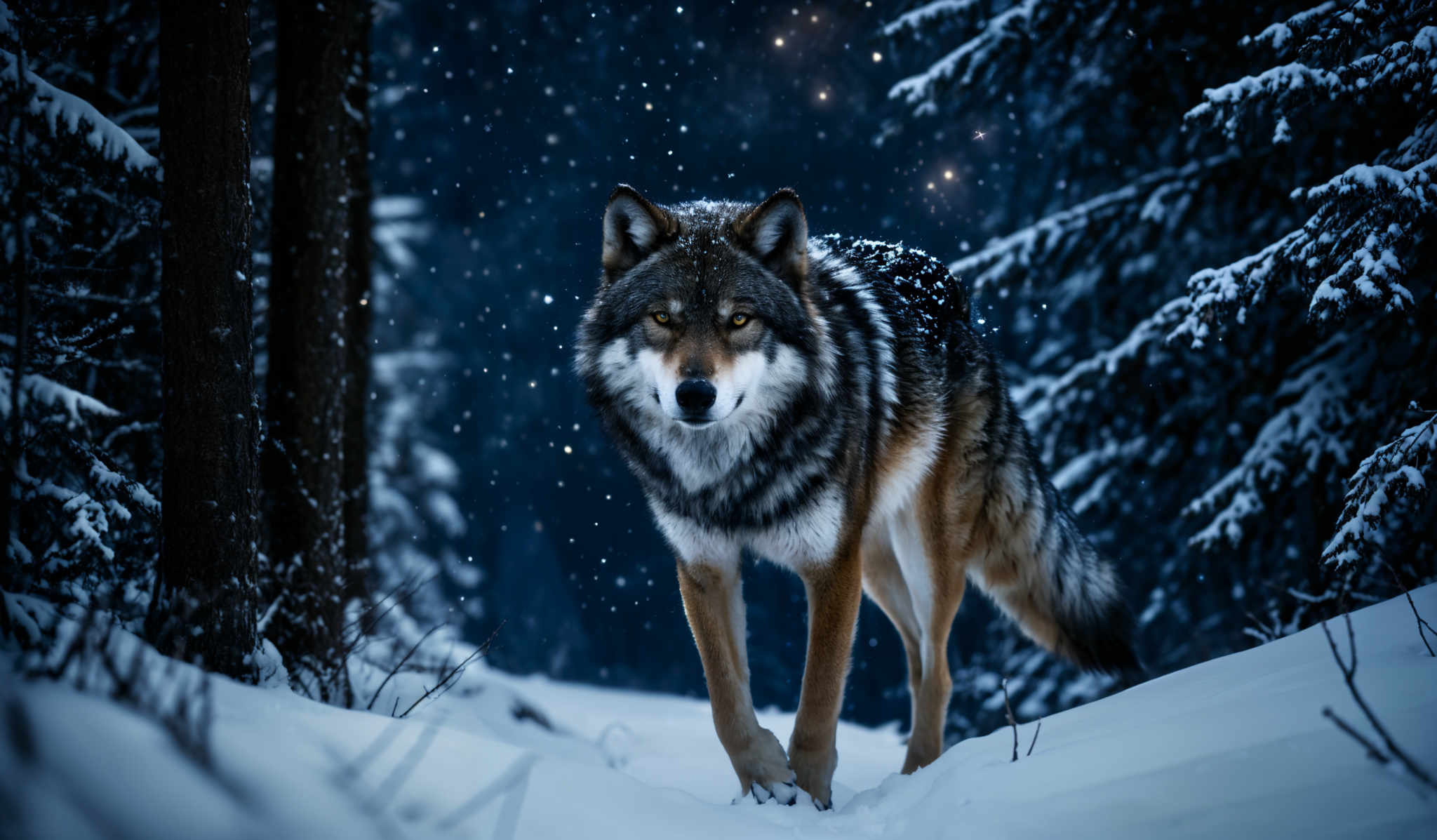 The image showcases a wolf amidst a snowy forest. The wolf has a mix of gray, brown, and white fur, with sharp, piercing eyes. It stands tall, with its head raised, possibly observing something in the distance. The surrounding environment is a winter wonderland, with snow-covered trees, branches, and the ground. Snowflakes are seen falling, and there's a serene ambiance created by the dim lighting, possibly from the setting or rising sun.