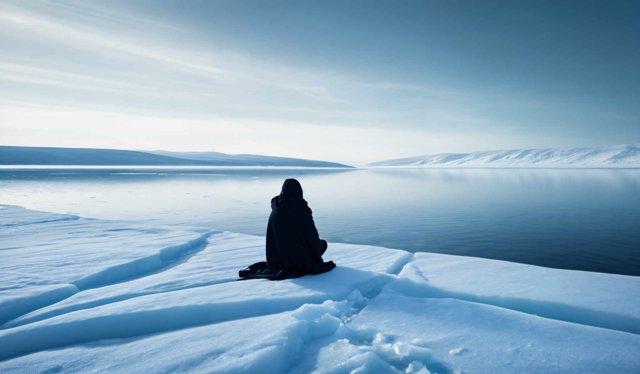 The image showcases a vast, serene landscape dominated by cool tones. The sky is painted in hues of light blue and white, with wispy clouds stretching across it. The water below mirrors the sky, creating a tranquil reflection. The landscape is characterized by snow-covered mountains and a frozen body of water. The foreground features a person, draped in a dark cloak, sitting on a fragment of ice, looking out over the expanse. The person's silhouette contrasts sharply with the bright, icy surroundings.