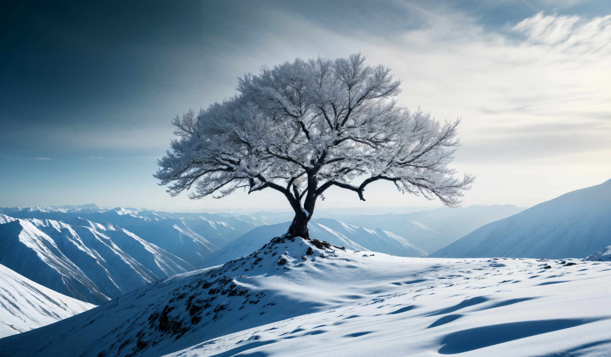 The image showcases a breathtaking snowy landscape. Dominating the foreground is a solitary tree covered in a thick layer of snow, its branches forming an intricate web of frost-covered branches. The tree stands on a snow-cover hill, with its roots exposed. The background reveals a series of snow-capped mountains, with their peaks appearing sharp and jagged. The sky above is a mix of dark and light clouds, suggesting the possibility of an impending snowstorm or the aftermath of one. The overall color palette is cool, with shades of white, blue, and gray dominating the scene.