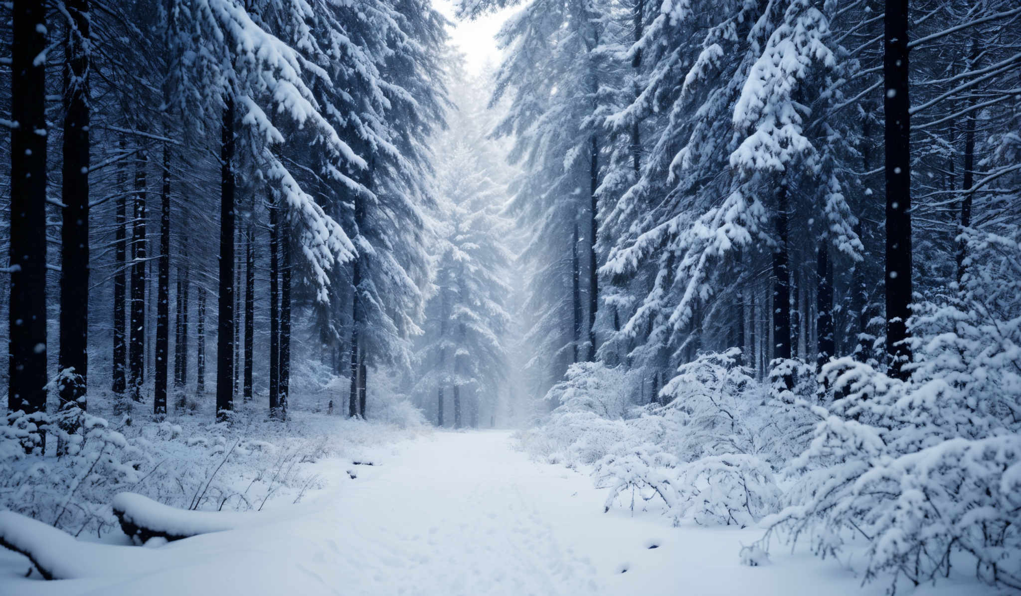 The image showcases a serene winter forest scene. The dominant colors are various shades of blue and white, representing the snow-covered trees and ground. The trees, tall and slender, are densely packed, their branches laden with snow. The ground is blanketed in a thick layer of snow, with footprints visible, suggesting recent movement. The sunlight filters through the trees, casting a soft glow and creating a contrast between the illuminated areas and the shadows.