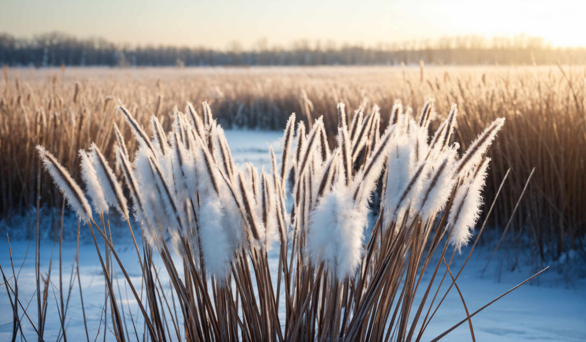 The image showcases a serene winter landscape. The foreground is dominated by tall, brownish grasses or reeds that have their tips covered in a frosty white substance, possibly frost or snow. These reeds stand out against the snowy ground. In the background, there's a vast expanse of snow-covered land with some trees visible. The sky is clear, and the sun is either rising or setting, casting a warm golden hue over the scene.