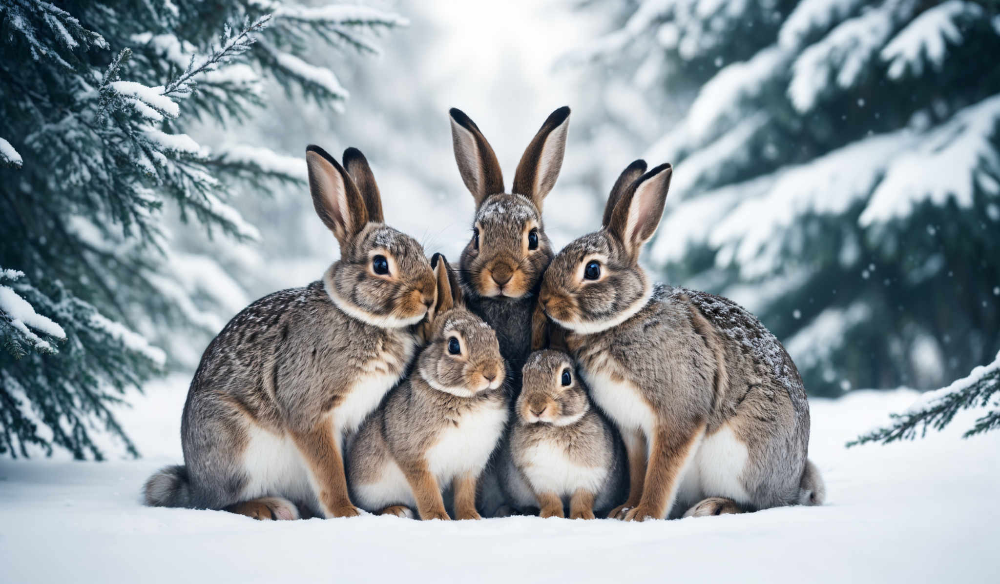 The image showcases a group of four rabbits in a snowy forest setting. The rabbits have a brownish-gray coat with white underbellies. Their ears are upright and pointed. The background is filled with snow-covered trees, and the atmosphere appears cold and serene.