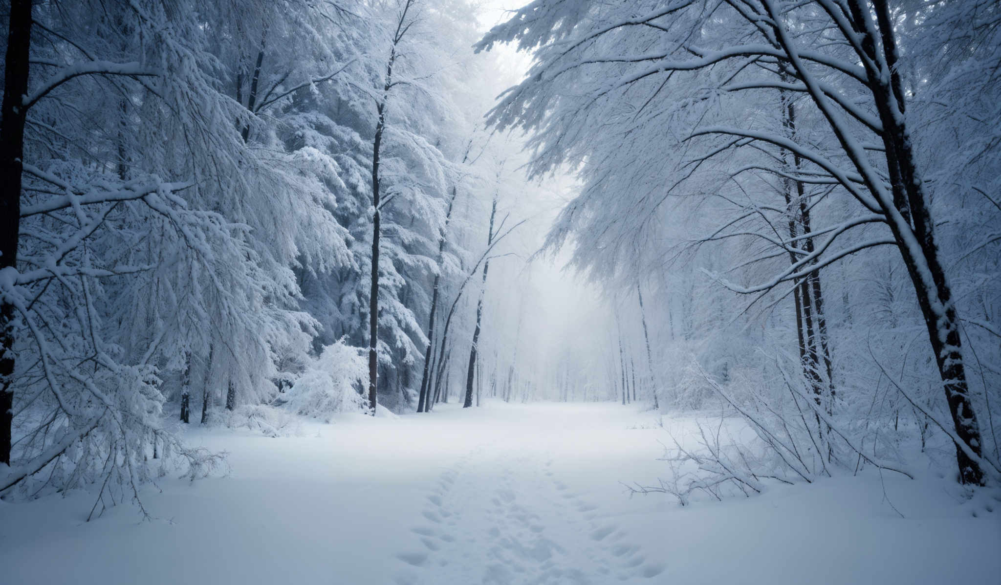 The image showcases a serene winter landscape. The dominant colors are various shades of blue and white, creating a cold and tranquil ambiance. The trees are laden with snow, forming a thick blanket on their branches. The snow-covered ground is punctuated by a trail of footprints, suggesting recent movement. The overall shape of the trees is tall and slender, with their branches drooping under the weight of the snow. The mist or fog in the background adds a layer of mystery and depth to the scene.