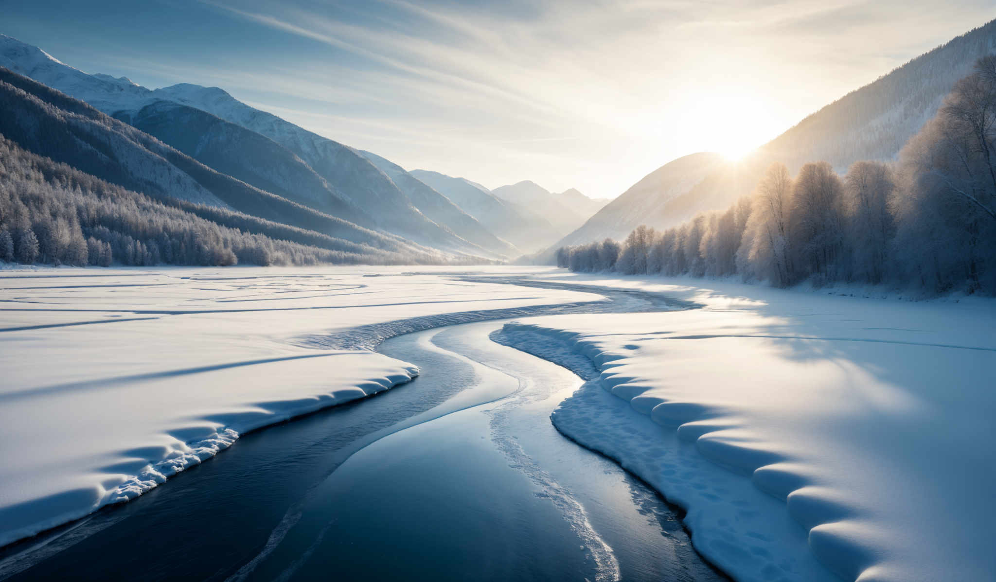 The image showcases a breathtaking winter landscape. Dominating the scene are snow-covered mountains with their peaks blanketed in white. The sun casts a warm golden hue, illuminating the snow and creating a stark contrast with the shadows. In the foreground, there's a winding river or stream, partially frozen, with clear blue water visible in certain sections. The banks of the river are covered in thick snow, forming intricate patterns. On either side of the water, there are dense forests of trees, also blanketted in snow, with their branches glistening under the sunlight. The sky is clear with a few wispy clouds, allowing the sun to shine brightly.