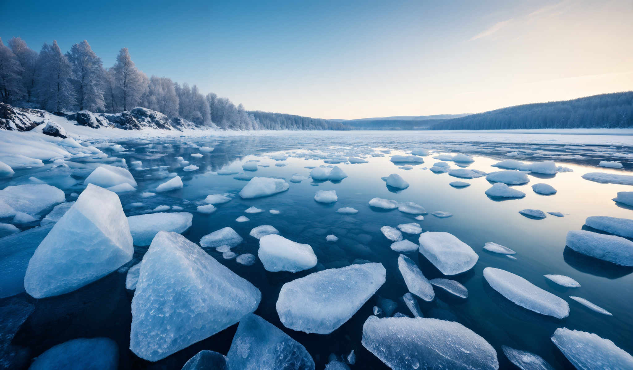 The image showcases a breathtaking winter landscape. The dominant colors are shades of blue, white, and a hint of golden yellow from the setting or rising sun. The scene is dominated by ice formations, both floating on the water and scattered on the snowy ground. The ice pieces vary in size, with some being large chunks and others smaller fragments. The water reflects the ice and the sky, creating a mirror-like effect. On the left side, there's a dense cluster of trees covered in snow, their branches heavy with frost. The horizon reveals a distant shoreline or bank, and the clear sky above suggests a calm, cold day.