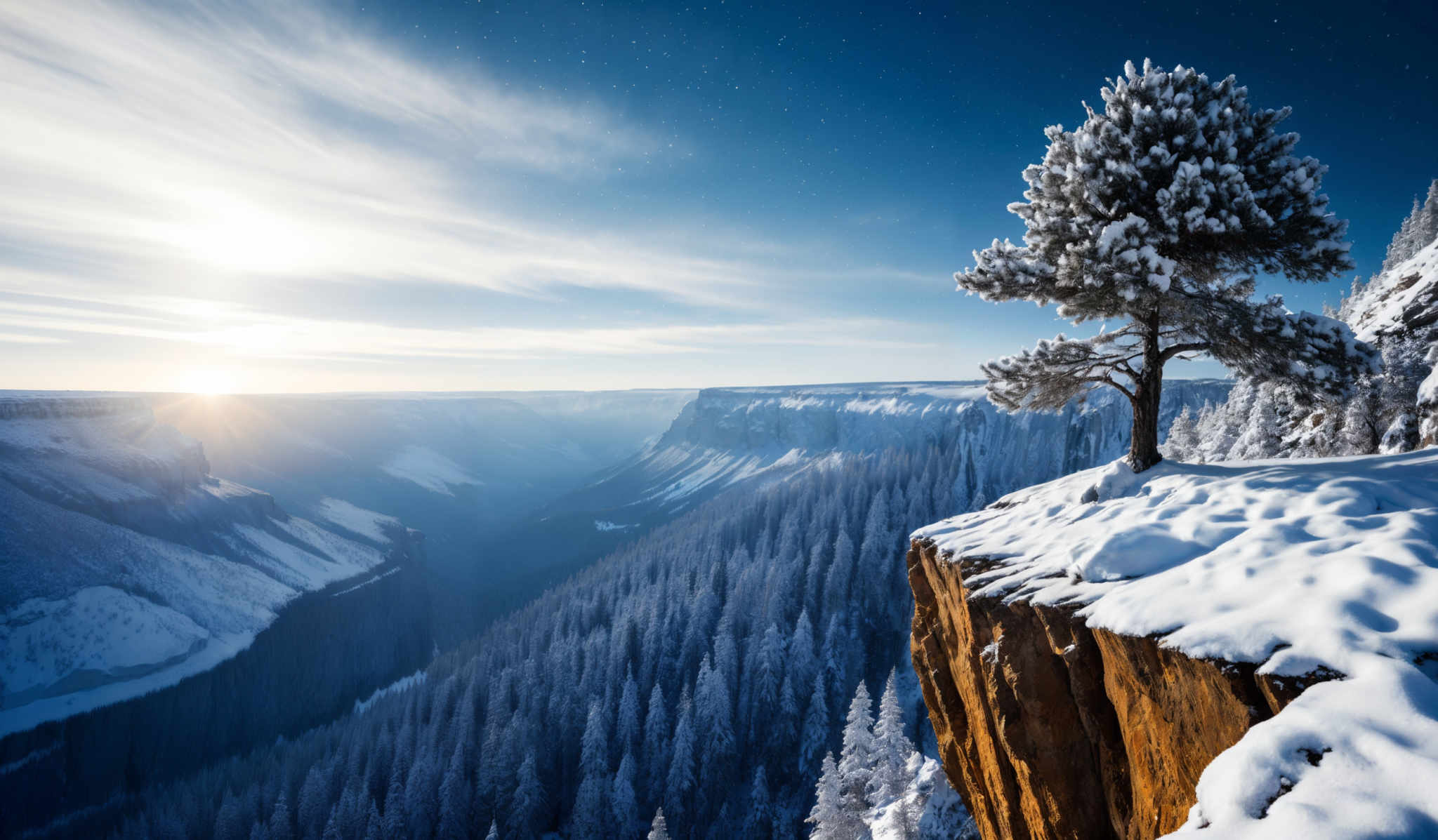 The image showcases a breathtaking winter landscape. Dominating the foreground is a snow-covered cliff with a lone pine tree standing tall on its edge. The tree is dusted with snow, and its branches are laden with frost. The cliff itself has a unique reddish-brown hue, contrasting beautifully with the white snow. In the background, there's a vast expanse of snow-clad forests that stretch out to the horizon. Above, the sky is painted with hues of blue and white, with wispy clouds moving swiftly. The sun is either rising or setting, casting a soft golden glow over the scene, and a sprinkle of stars can be seen in the clear blue sky.