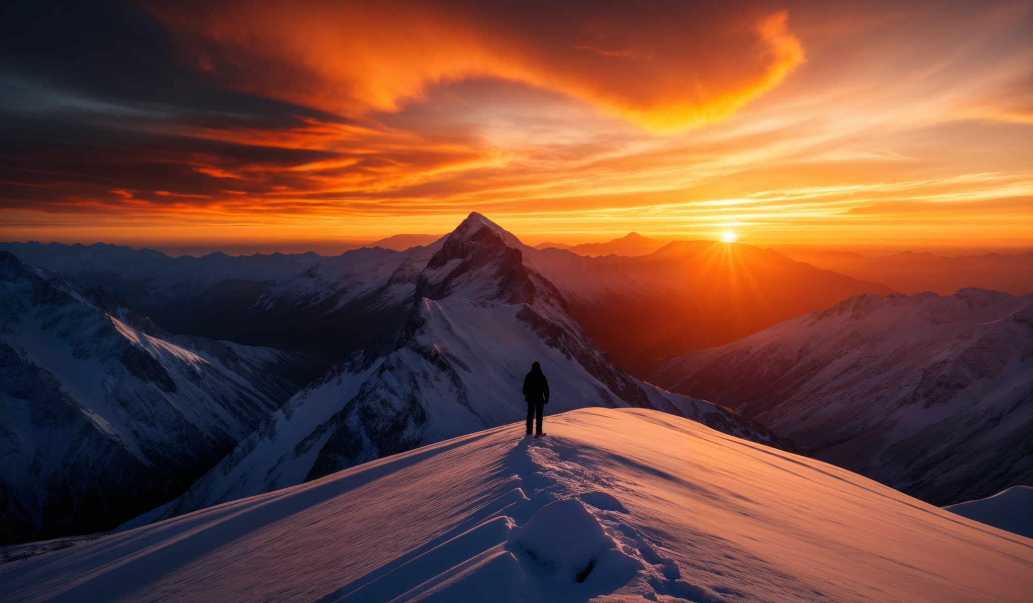 The image showcases a breathtaking mountainous landscape during sunset. The sky is painted with hues of orange, red, and purple, with dramatic cloud formations illuminated by the setting sun. The sun itself is a bright, golden orb, casting a warm glow over the scene. The mountains are covered in snow, with sharp peaks and deep valleys. In the foreground, there's a snow-covered ridge where a lone figure stands, looking out over the vast expanse of the mountains. The figure's silhouette contrasts with the bright backdrop, emphasizing the scale and grandeur of the landscape.