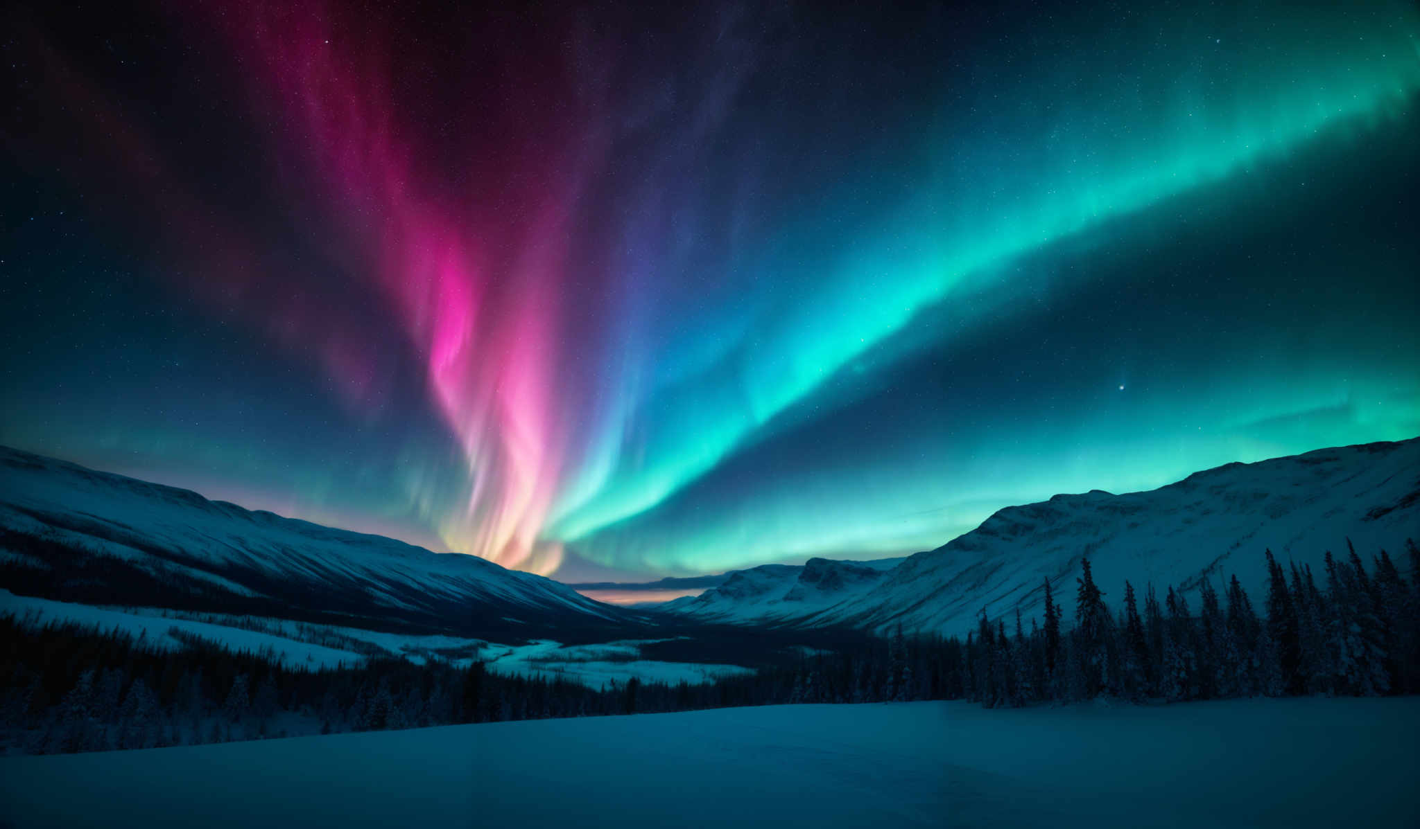 The image showcases a breathtaking view of the Northern Lights, also known as the Aurora Borealis. These natural light displays are characterized by vibrant colors ranging from deep blues and purples to fiery reds and pinks. The shape of the Auroras in this image is somewhat wavy and streaked, cascading downwards from the top left corner and curving towards the bottom right. The backdrop is a serene snowy landscape with undulating mountains covered in snow. The sky is dotted with stars, adding to the ethereal beauty of the scene.