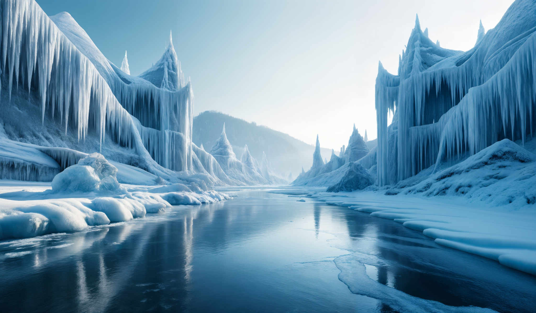 The image showcases a breathtaking icy landscape. The dominant colors are various shades of blue, from deep navy to light icy blue. The landscape features tall, jagged ice formations that resemble castles or fortresses, with sharp spikes and pointed rooftops. These ice structures are interspersed with large, hanging icicles that dangle down, creating an ethereal and otherworldly atmosphere. The ground is covered in thick ice and snow, with patches of clear water reflecting the surrounding ice formulations. In the distance, there's a hint of a mountain range, partially obscured by the misty atmosphere.