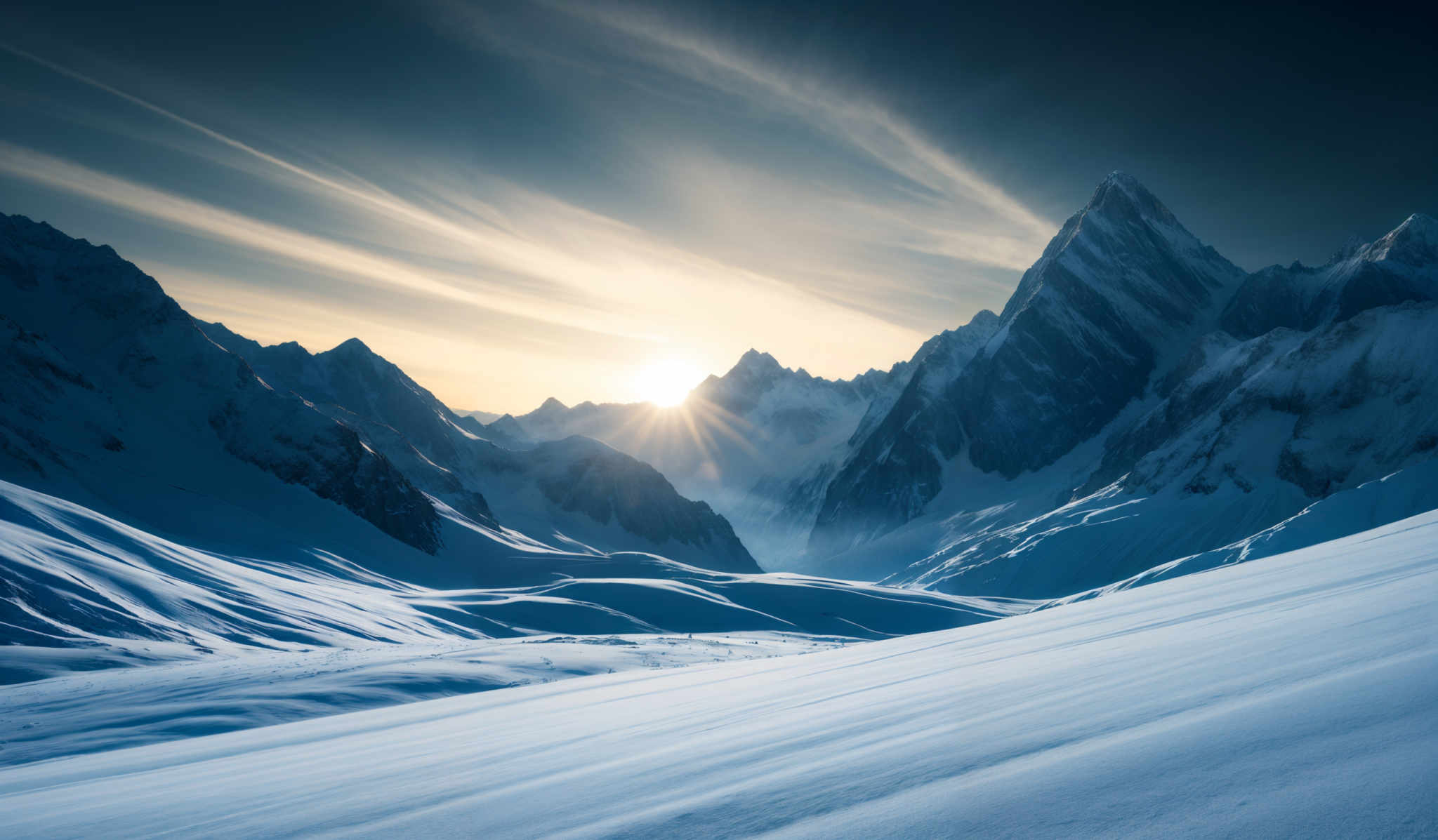 The image showcases a breathtaking snowy mountain landscape during what appears to be either sunrise or sunset. The dominant colors are shades of blue, white, and gold. The mountains are jagged and towering, with snow-covered peaks and valleys. The sun casts a golden hue, illuminating the snow and creating dramatic shadows on the mountain faces. Wispy clouds are strewn across the sky, adding to the ethereal beauty of the scene.