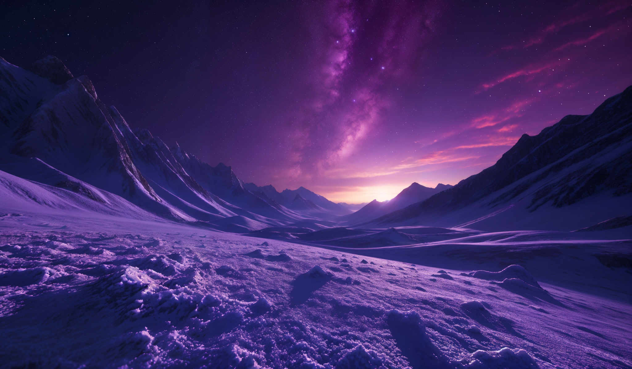 The image showcases a breathtaking landscape of snow-covered mountains under a starry night sky. The mountains are sharp and jagged, with their peaks reaching high into the sky. A vibrant purple and pink hue dominates the sky, possibly representing a celestial event or the Milky Way galaxy. The ground is blanketed in snow, with some rocky outcrops visible. The horizon shows a hint of a sunset or sunrise, casting a warm orange glow.