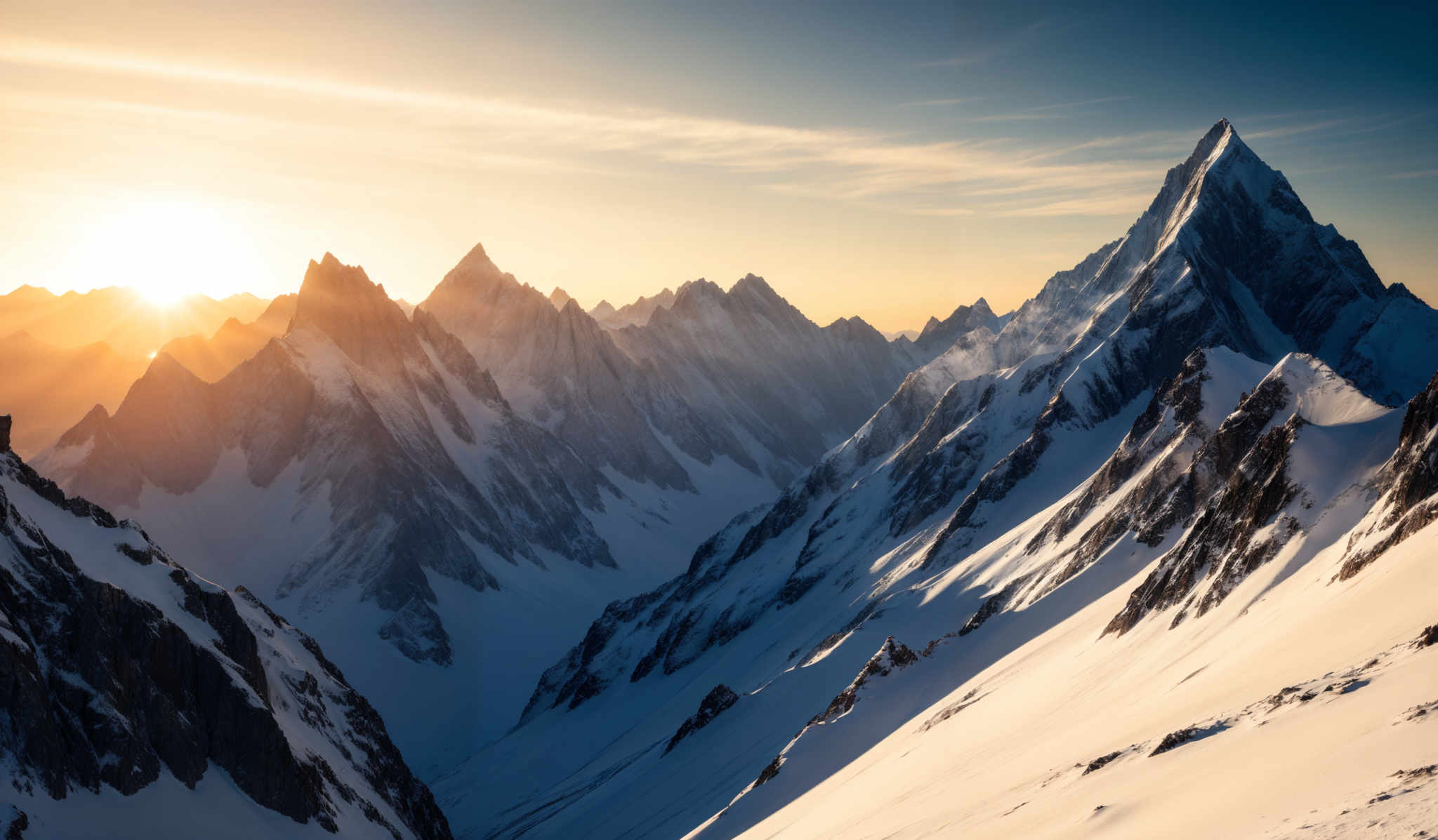 The image showcases a breathtaking mountainous landscape during sunset or sunrise. The dominant colors are shades of orange, gold, and blue. The mountains are jagged and sharp, with snow-covered peaks. The sun casts a warm golden hue on the snow, creating a stark contrast with the darker shadows. The sky is clear with a few wispy clouds, allowing the sun to shine brightly.