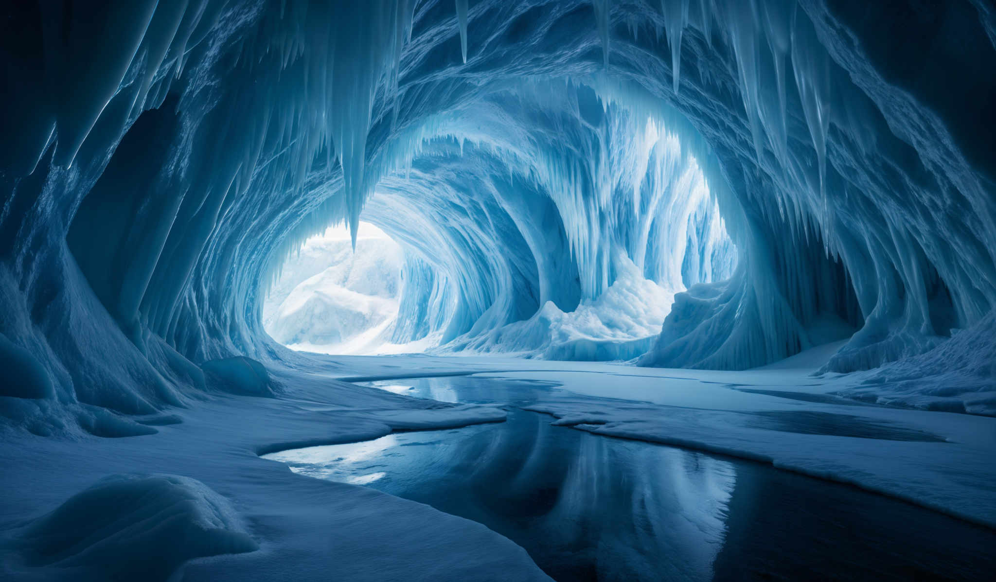 The image showcases a breathtaking icy landscape. The dominant color is a deep shade of blue, which gives the scene a cold and serene ambiance. The ice formations are intricate, with cascading icicles hanging from the ceiling and walls, forming an archway. The ground is covered in ice, with some parts reflecting the light, creating a shimmering effect. There's also a body of water present, which appears to be partially frozen, with patches of clear water revealing the ice beneath.