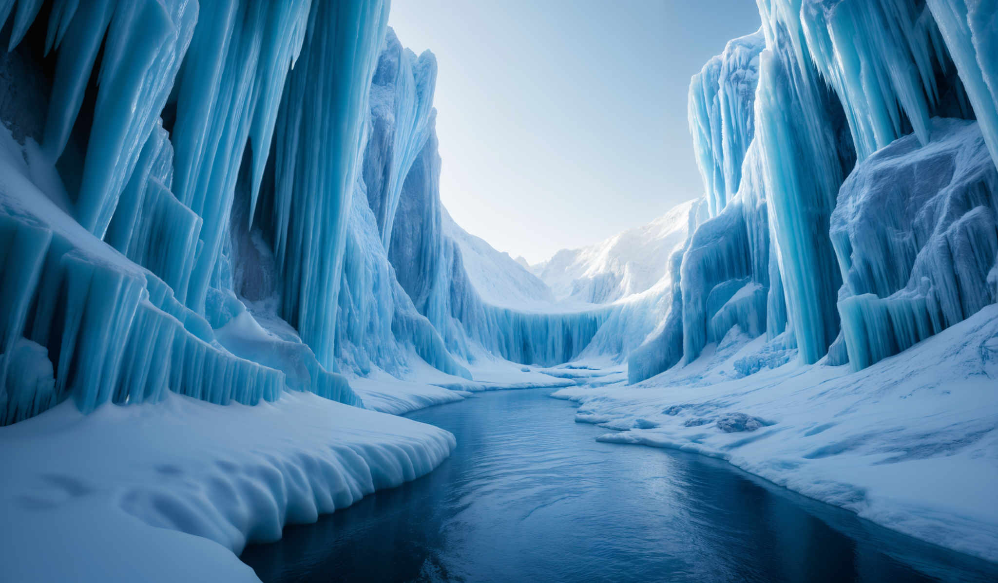 The image showcases a breathtaking icy landscape. The dominant colors are various shades of blue, ranging from deep navy to light icy blue. The landscape features tall, vertical ice formations that resemble frozen waterfalls or icicles. These formations are densely packed and create a canopy-like effect over the area. The ground is covered in snow, and there's a stream or river flowing through the center, reflecting the surrounding icy beauty. The overall scene exudes a sense of serenity and the harshness of a polar environment.