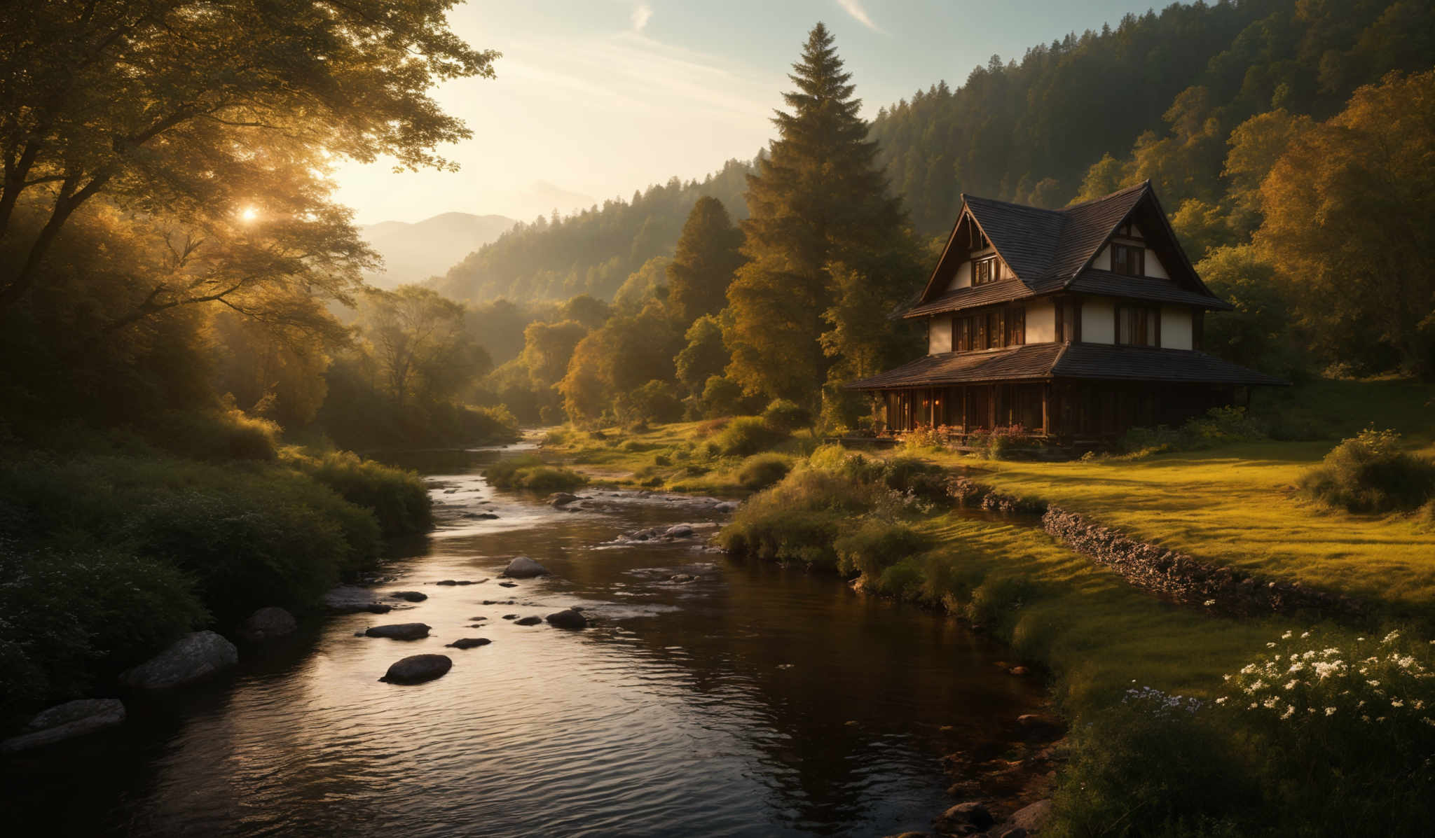 The image showcases a picturesque landscape during what appears to be the golden hour. Dominating the scene is a two-story house with a steep, triangular roof, nestled amidst lush greenery. The house is surrounded by trees, some of which are in full bloom, displaying hues of green and gold. A serene river flows beside the house, with its waters reflecting the warm sunlight. The river is dotted with rocks and is bordered by a well-maintained lawn. The background reveals a dense forest, and the sky above is clear with a hint of clouds, allowing the sun to cast a warm, golden glow over the entire scene.