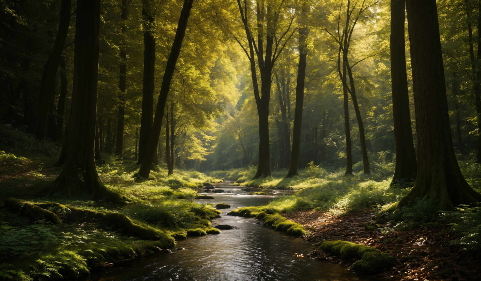 The image showcases a serene forest scene. The dominant colors are various shades of green, representing the dense foliage of the trees. The trees have tall, slender trunks and their canopies are dense, allowing only a few rays of sunlight to penetrate through, creating a soft, ethereal glow. The forest floor is covered with moss-covered rocks and fallen leaves, adding to the natural ambiance. A gentle stream flows through the forest, surrounded by moss and rocks, reflecting the sunlight and creating a tranquil atmosphere.