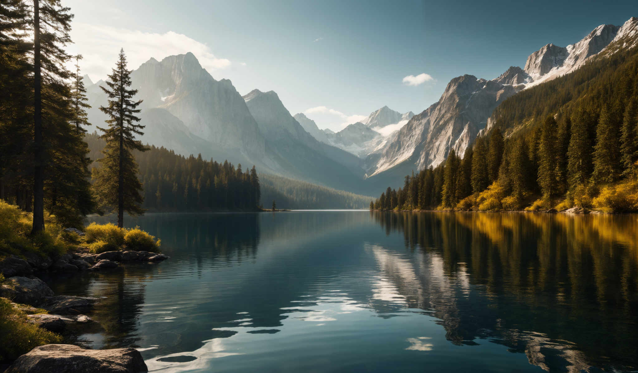 The image showcases a breathtaking landscape with towering mountains in the background, some of which have snow-capped peaks. The mountains are reflected beautifully in the clear, serene waters of a lake. The sky above is clear with a hint of clouds. The foreground features dense coniferous trees, with some displaying autumnal colors, suggesting a transition between seasons. The overall color palette is a mix of cool blues, greens, and warm yellows.