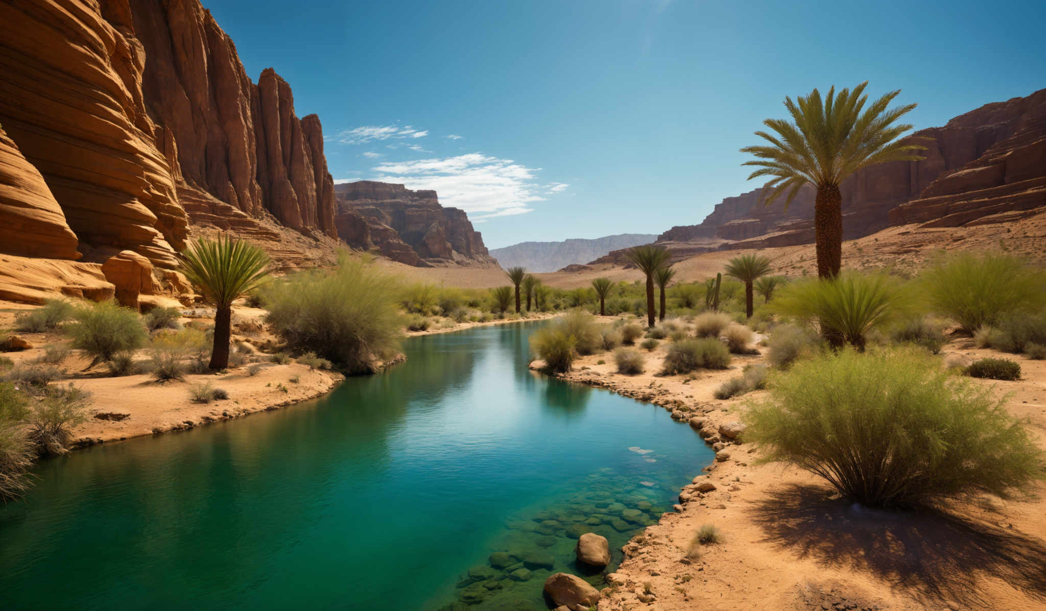 The image showcases a breathtaking landscape dominated by towering red-orange cliffs on both sides. These cliffs exhibit intricate layering and erosion patterns, suggesting they have been shaped over millennia by natural elements. In the middle ground, there's a serene oasis featuring a calm, clear blue river that reflects the sky. Surrounding the river are lush green shrubs and palm trees, adding a touch of vibrancy to the scene. The sky above is clear blue with a few scattered clouds, suggesting a sunny day.