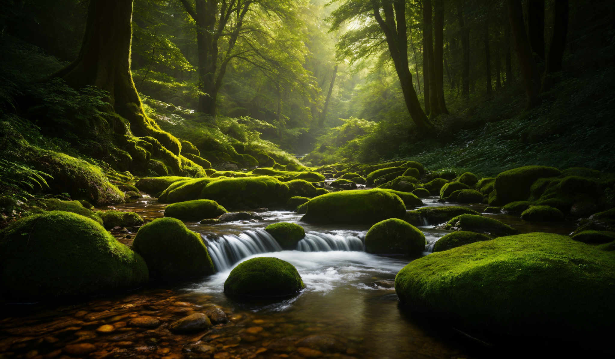 The image showcases a lush, green forest with tall trees whose trunks are prominently visible. The forest floor is covered with moss-covered rocks and stones, creating a serene and mystical ambiance. A gentle stream flows through the forest, with water cascading over the mossy rocks, creating small waterfalls. Sunlight filters through the canopy, casting a soft glow and creating a contrast between the illuminated areas and the shadows.