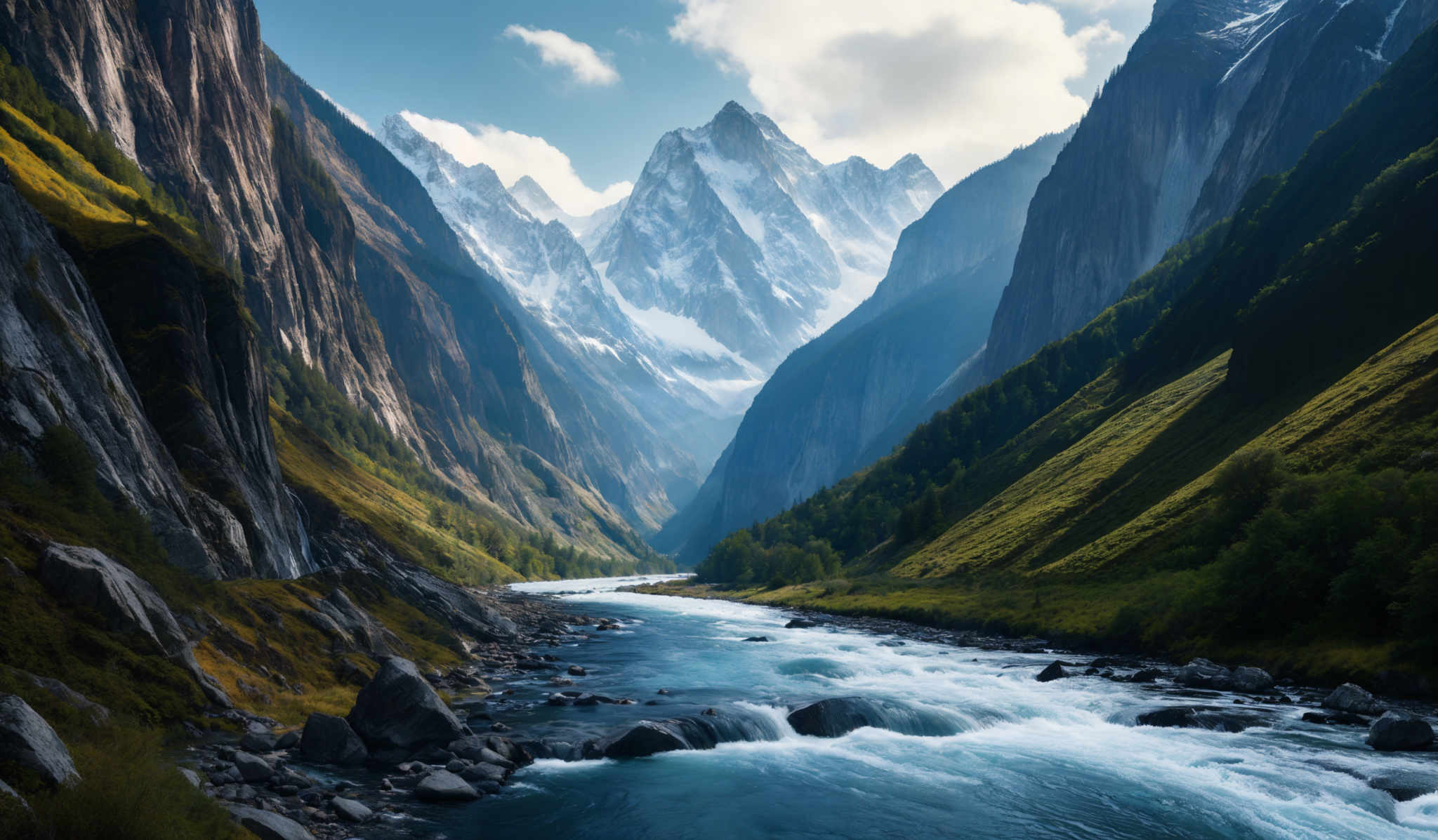 The image showcases a breathtaking landscape of a mountainous region. Dominating the background are towering snow-capped peaks, with their jagged edges and sharp ridges. The mountains are bathed in sunlight, creating a contrast between the illuminated areas and the shadows. In the foreground, there's a fast-flowing river with turquoise waters, surrounded by rocky outcrops and boulders. The riverbed is lined with green vegetation, possibly moss or small shrubs. On either side of the river, steep cliffs rise, covered in patches of greenery. The sky above is clear with a few scattered clouds, allowing the sun to shine brightly on the landscape.