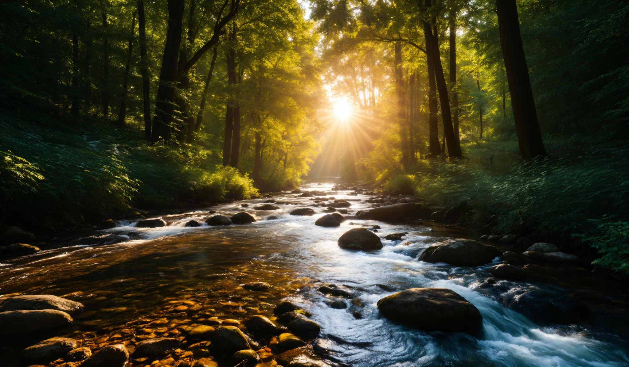 The image showcases a serene forest scene during what appears to be early morning or late afternoon. The sun's rays pierce through the dense canopy of tall trees, casting a warm golden hue over the area. The forest floor is lined with smooth, rounded stones, and a gentle stream flows over these stones, creating small ripples. The water reflects the sunlight, creating a shimmering effect. The trees are tall and have a dense foliage, predominantly in shades of green. The overall ambiance of the image is tranquil and peaceful.