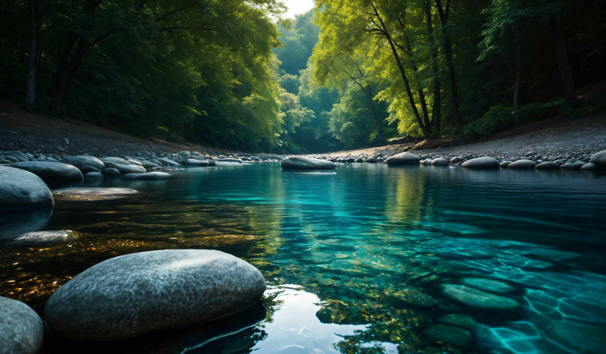 The image showcases a serene natural setting. The dominant colors are various shades of green from the dense foliage of trees, and the clear blue of the water. The water is calm, reflecting the trees and the sky. On the riverbed, there are smooth, rounded stones of varying sizes. The trees on either side of the river are tall and dense, with their canopies forming a natural ceiling. The sunlight filters through the trees, casting dappled light on the water and creating a peaceful ambiance.