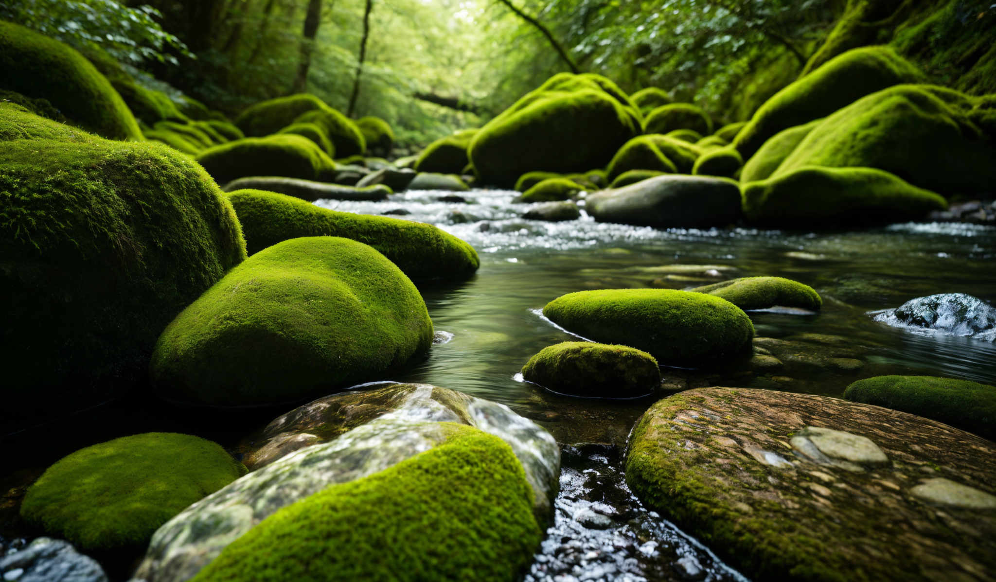 The image showcases a serene natural setting with vibrant green moss-covered rocks. The moss appears soft and plush, with a bright green hue that contrasts beautifully with the darker rocks. These rocks are of various shapes, with some being smooth and rounded, while others have more jagged edges. The water in the stream is clear, revealing small pebbles and stones beneath its surface. The surrounding area is dense with trees, creating a canopy that filters the sunlight, casting dappled light on the moss and rocks.