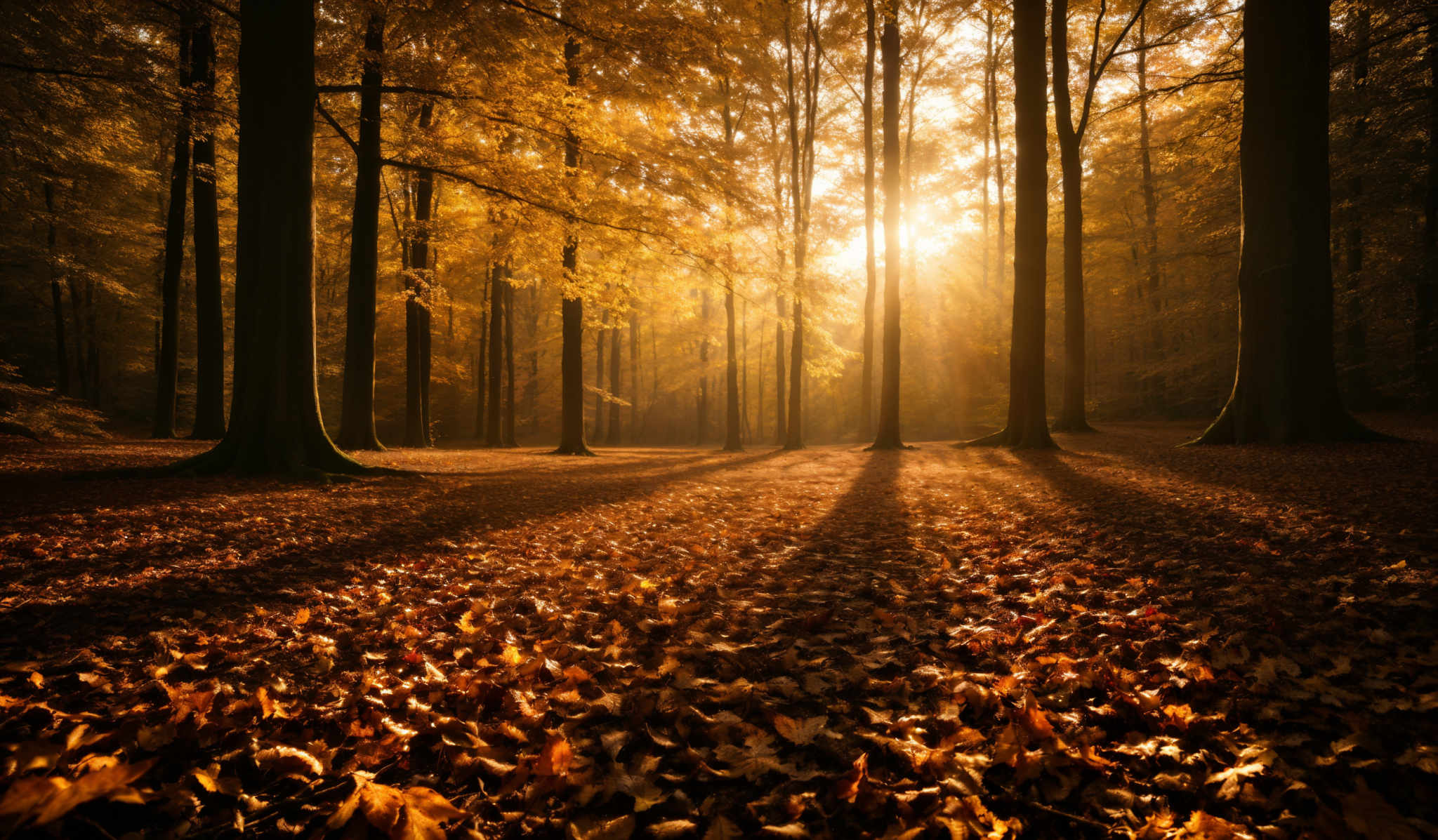 The image showcases a serene forest during autumn. The dominant colors are warm hues of orange, yellow, and brown, representing the fall foliage. The trees are tall and straight, with their trunks prominently visible. The ground is covered with fallen leaves, creating a carpet-like appearance. Sunlight filters through the trees, casting long shadows and illuminating the forest floor with a golden glow.