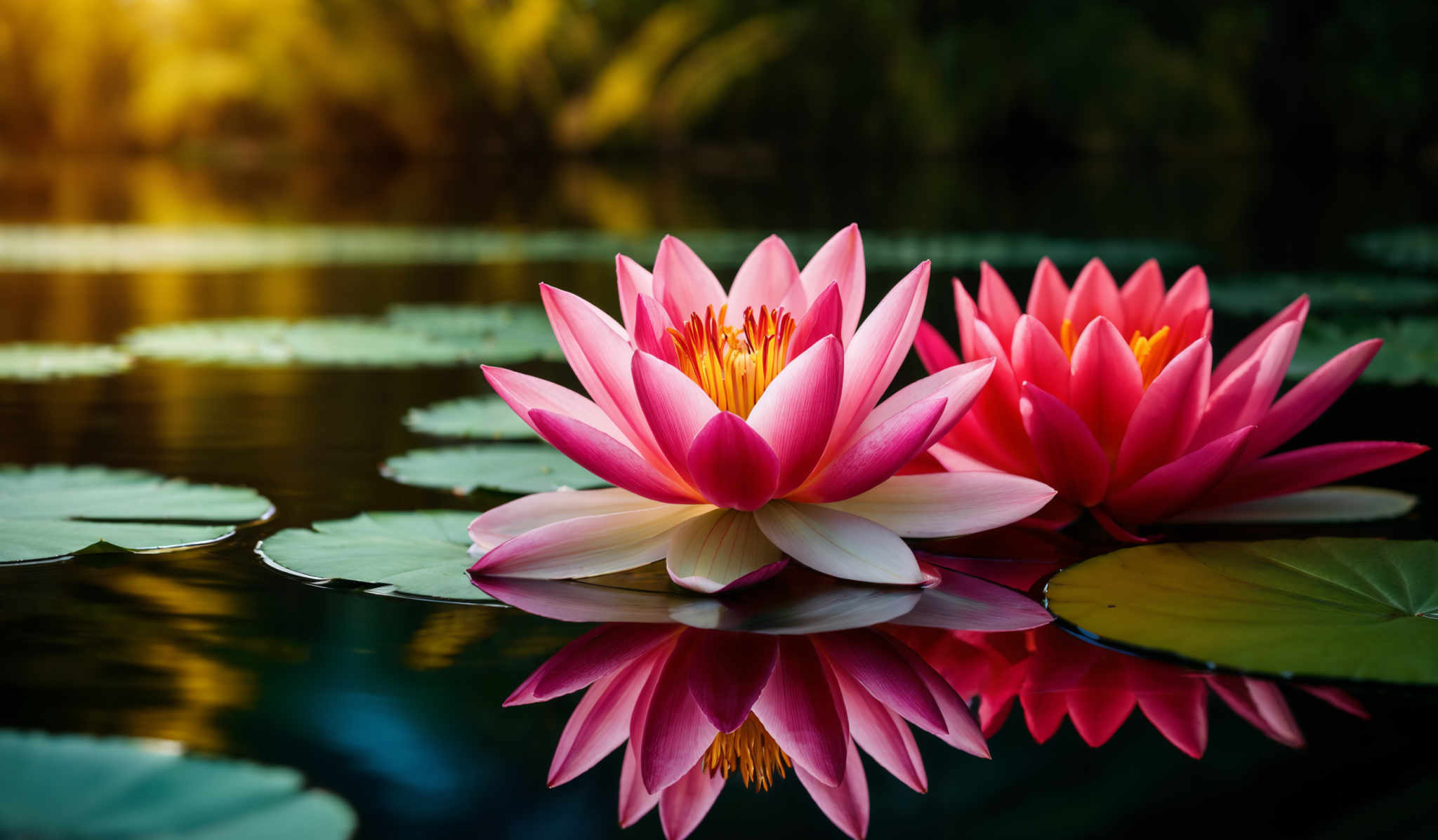 The image showcases a vibrant pink lotus flower with multiple petals, some of which are slightly opened, revealing a yellowish-orange center. The lotus is surrounded by green lily pads, which are circular and have a slightly rough texture. The water reflects the lotus and the lily pad, creating a mirrored image. In the background, there's a blurred view of a serene pond with some greenery, possibly reeds or grasses, and the sunlight is casting a golden hue on the water, creating ripples.