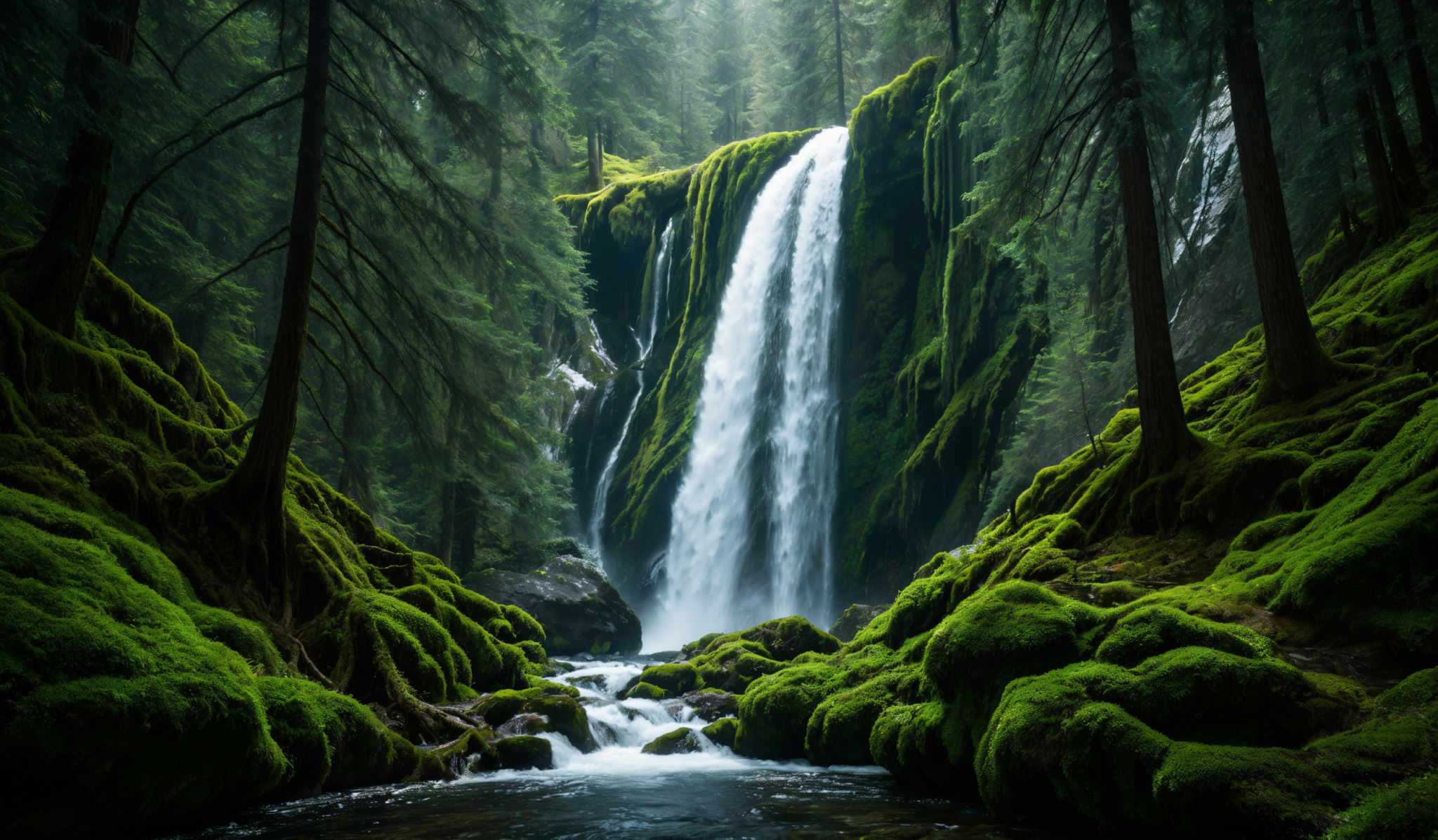 The image showcases a lush, verdant forest with tall, slender trees. Dominating the scene is a cascading waterfall that flows down a rocky cliff, surrounded by moss-covered rocks and boulders. The waterfall splits into two main streams, creating a misty ambiance. The forest floor is carpeted with vibrant green moss, and the overall color palette is dominated by various shades of green, complemented by the white of the cascades and the dark silhouettes of the trees.