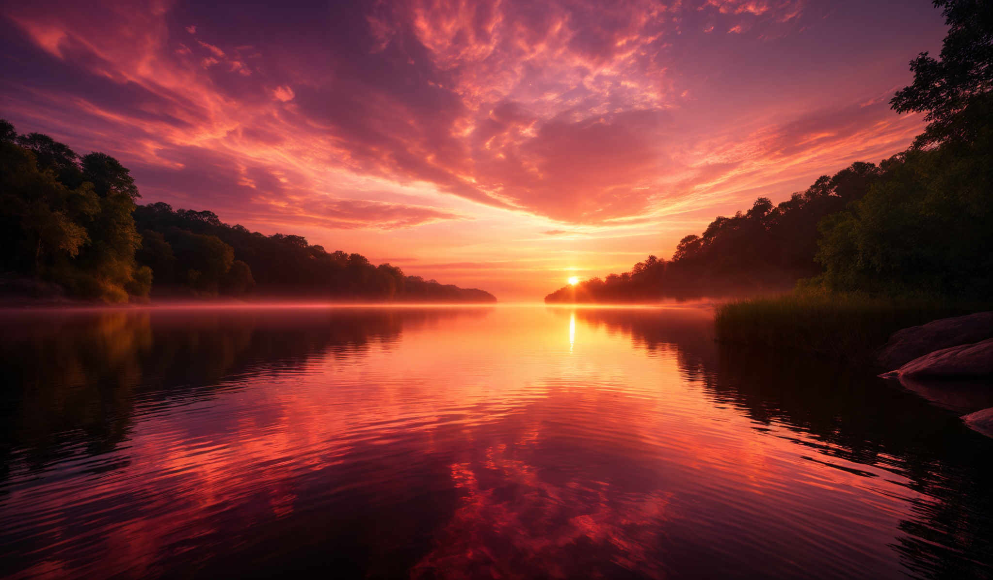 The image showcases a breathtaking sunset over a calm body of water. The sky is painted with hues of deep purple, pink, and orange, with the sun nearing the horizon casting a golden glow. The water reflects these colors, creating a mirror-like effect. On either side of the water, there are lush green trees, their silhouettes contrasting against the vibrant sky. The sun's rays pierce through the clouds, creating an ethereal atmosphere.