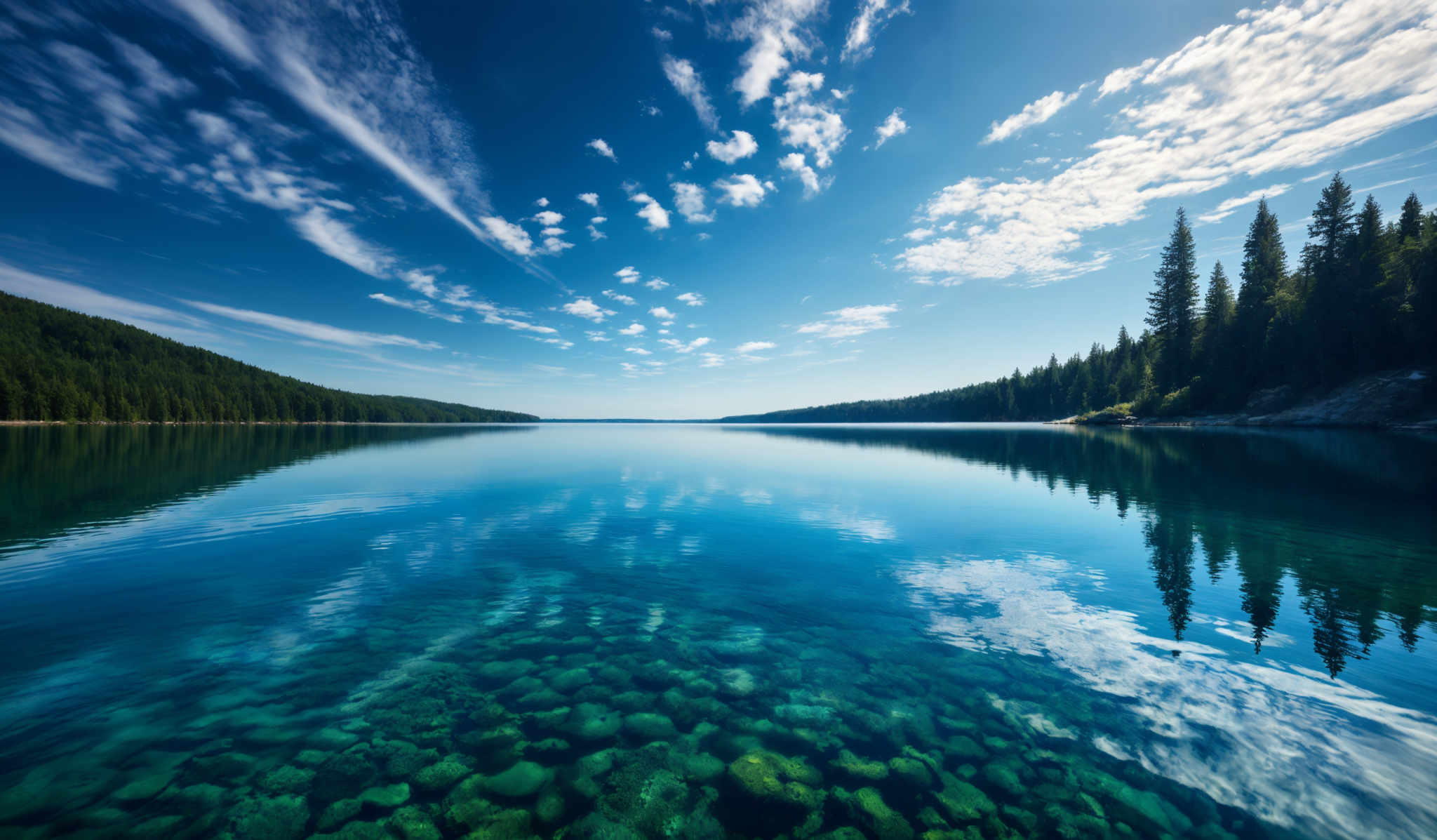 The image showcases a pristine natural landscape. The sky is a vibrant blue with scattered white clouds. The water below is a clear, vivid turquoise, revealing the underwater rocks and pebbles. On the left, there's a dense forest of tall pine trees, and on the right, there are more trees, but they appear to be of a different species, possibly evergreens. The reflection of the trees and the sky can be seen on the calm water surface.