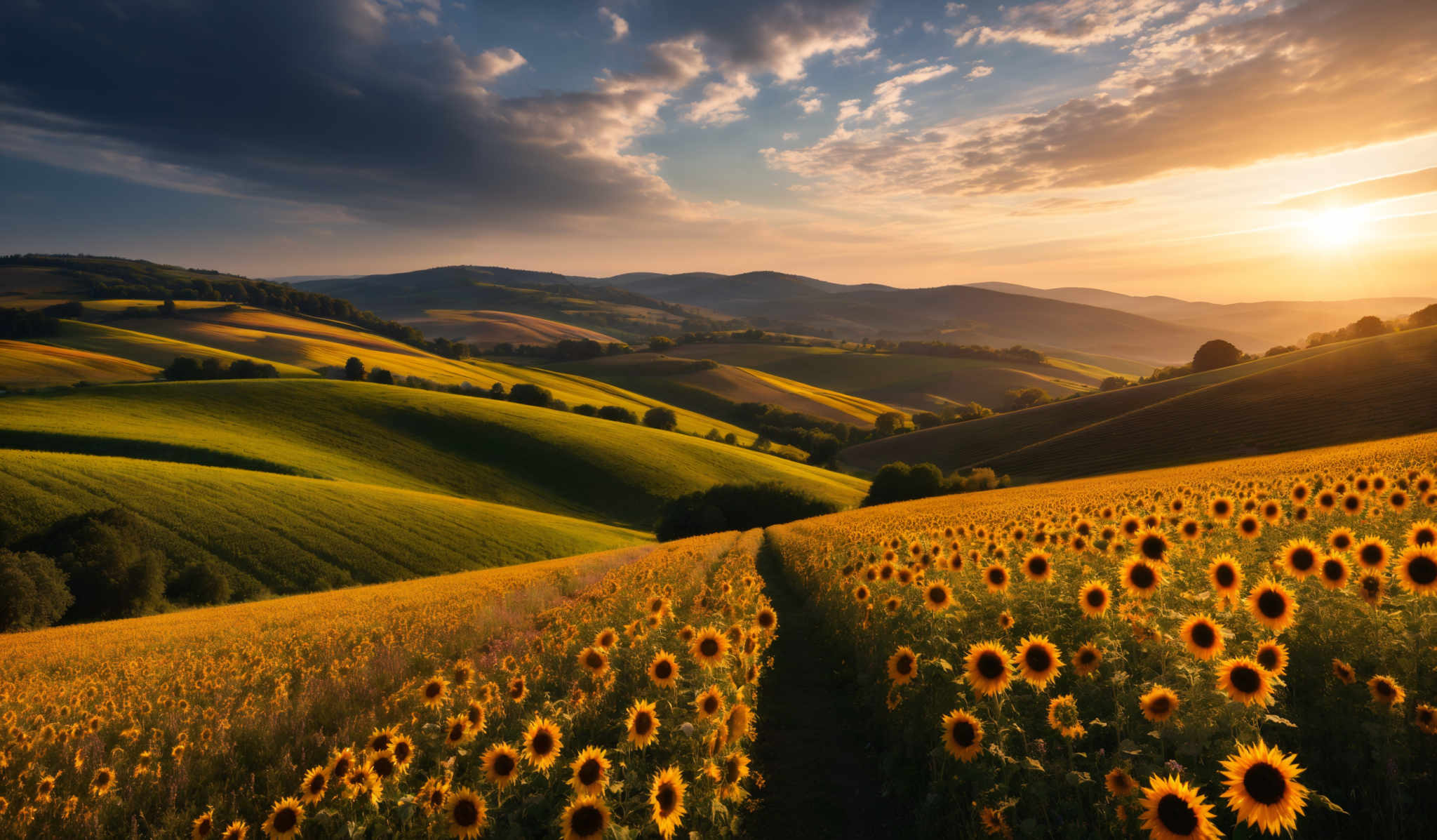 The image showcases a breathtaking landscape during sunset. The sky is painted with hues of blue and gold, with dark clouds scattered. The sun casts a warm golden light, illuminating the rolling hills below. The hills are adorned with vibrant shades of green, yellow, and brown, indicating different types of vegetation. A prominent feature is a vast field of sunflowers, with their bright yellow petals facing the sun. The undulating terrain creates a serene and picturesque scene, with valleys and hills providing depth and perspective.