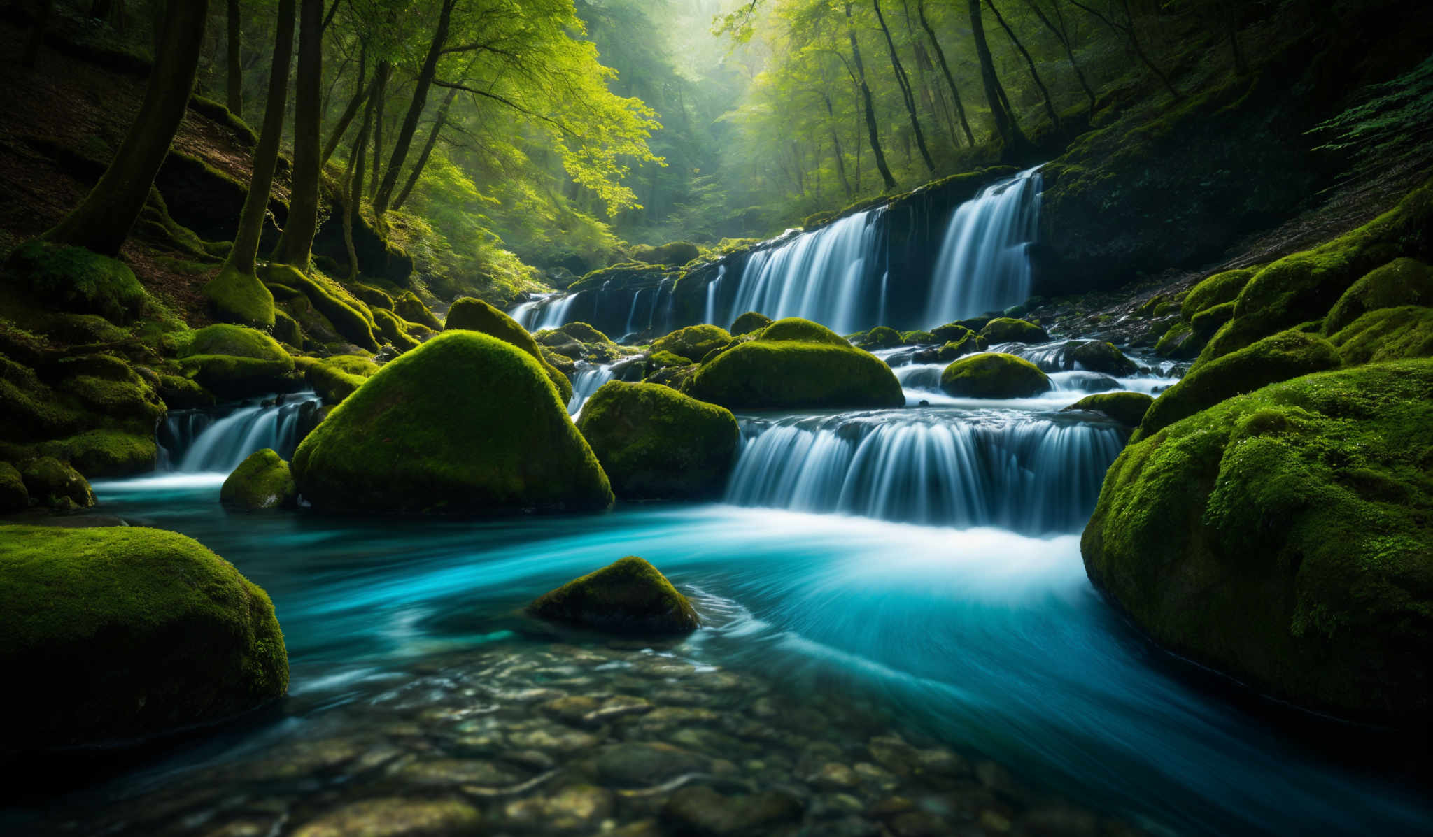 The image showcases a serene forest scene with a cascading waterfall. The dominant colors are various shades of green from the moss-covered rocks and trees, and the blue-white hue of the flowing water. The waterfall is divided into multiple streams, with water flowing over mossy rocks and boulders. The forest appears dense with tall trees, their trunks covered in moss, and sunlight filtering through the canopy creates a soft glow in the background.