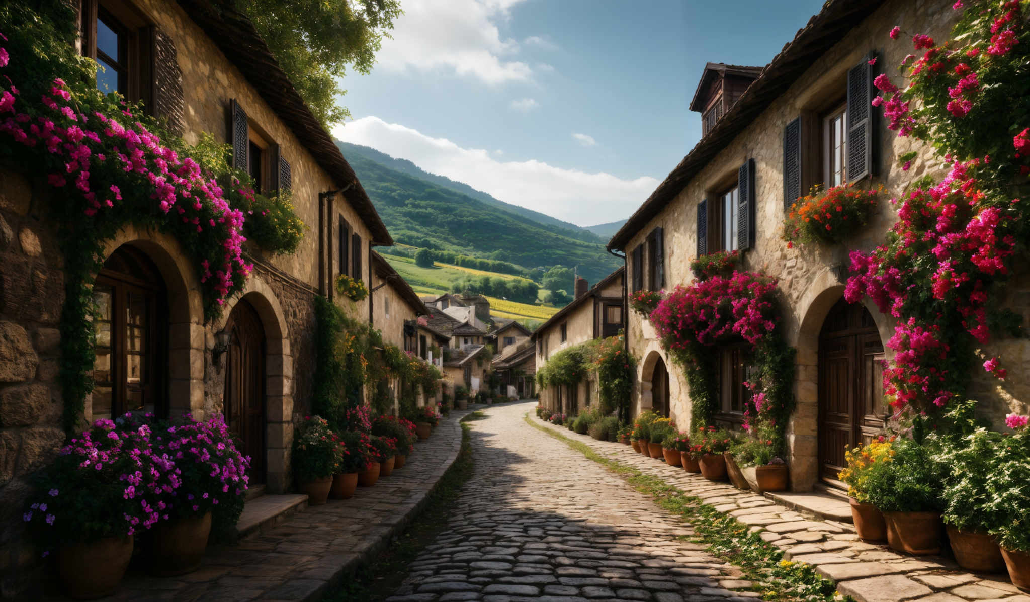 The image showcases a picturesque cobblestone street lined with old stone buildings. The buildings have a rustic charm, adorned with vibrant pink and purple flowers cascading from windows and pots. The cobbled pathway meanders through the scene, leading the viewer's eye deeper into the picturesque setting. In the distance, there are rolling hills covered in lush greenery, and the sky above is clear with a hint of clouds.