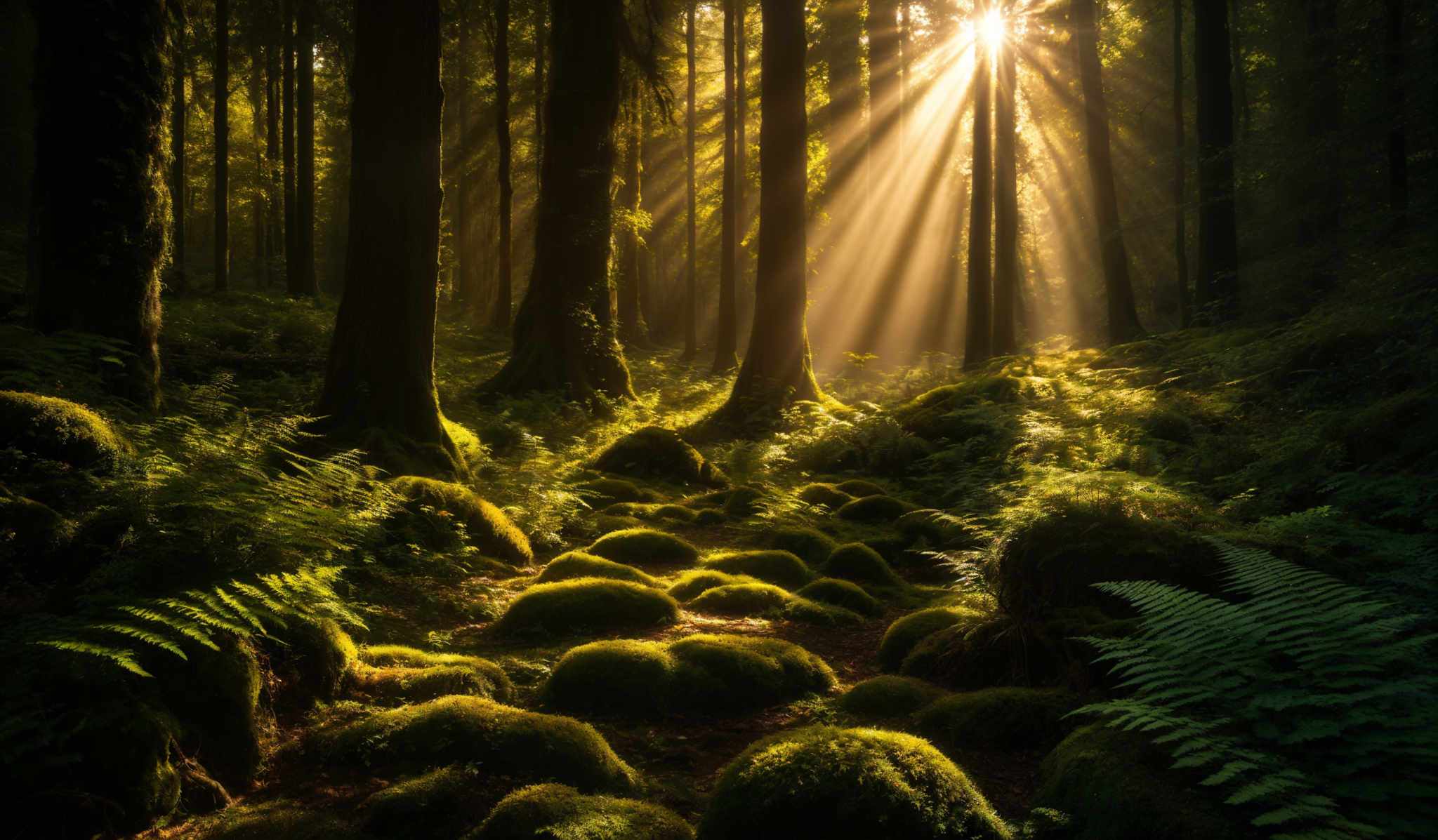 The image showcases a lush forest with tall, slender trees. The trees have a dark brown hue, and their trunks are prominently visible. The forest floor is covered with moss-covered stones and ferns, which are vibrant green in color. Sunlight filters through the trees, casting a warm, golden hue over the scene. The beams of sunlight create a radiant effect, illuminating the forest floor and creating a serene atmosphere.