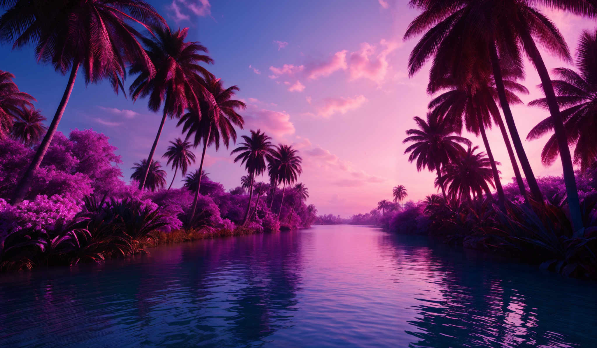 The image showcases a breathtaking view of a tropical landscape during sunset or sunrise. Dominated by vibrant hues of pink, purple, and blue, the sky is painted with soft clouds reflecting the warm tones. The water below mirrors the sky's colors, creating a serene reflection. Tall palm trees stand majestically on both sides of the waterway, their fronds swaying gently. The trees are complemented by lush green foliage and colorful flowers that line the banks of the river. The overall ambiance is tranquil and dreamy, evoking feelings of peace and relaxation.