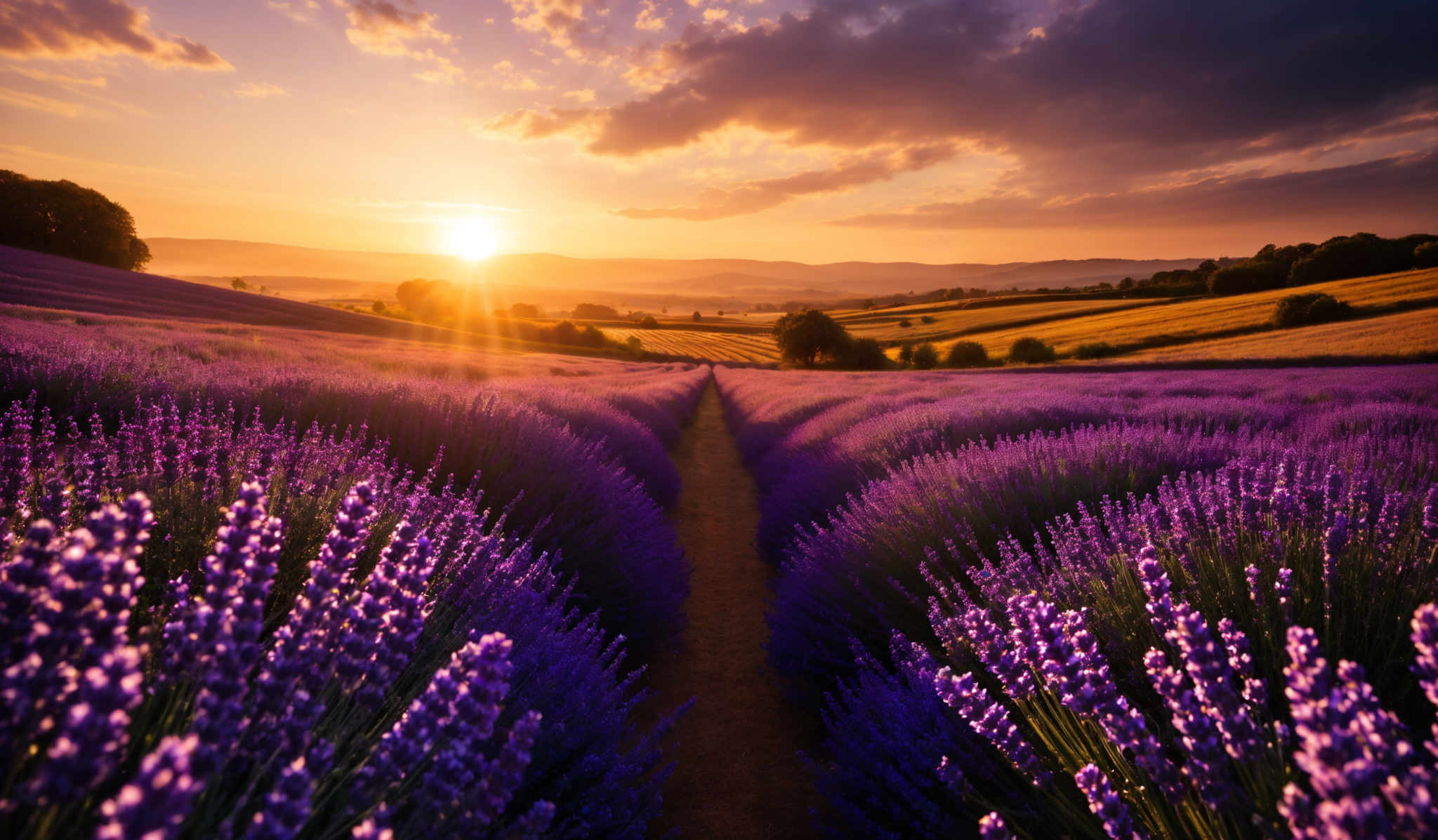 The image showcases a breathtaking landscape during sunset. The sky is painted with hues of orange, pink, and purple, with the sun casting a golden glow. Below, the landscape is dominated by lavender fields that stretch out in neat rows, with their vibrant purple flowers in full bloom. A dirt path runs through the middle of the lavender, leading the viewer's eye towards the horizon. Beyond the fields, there are patches of golden wheat or barley fields, and a few trees dot the landscape. In the distance, rolling hills and mountains can be seen, silhouetted against the setting sun.