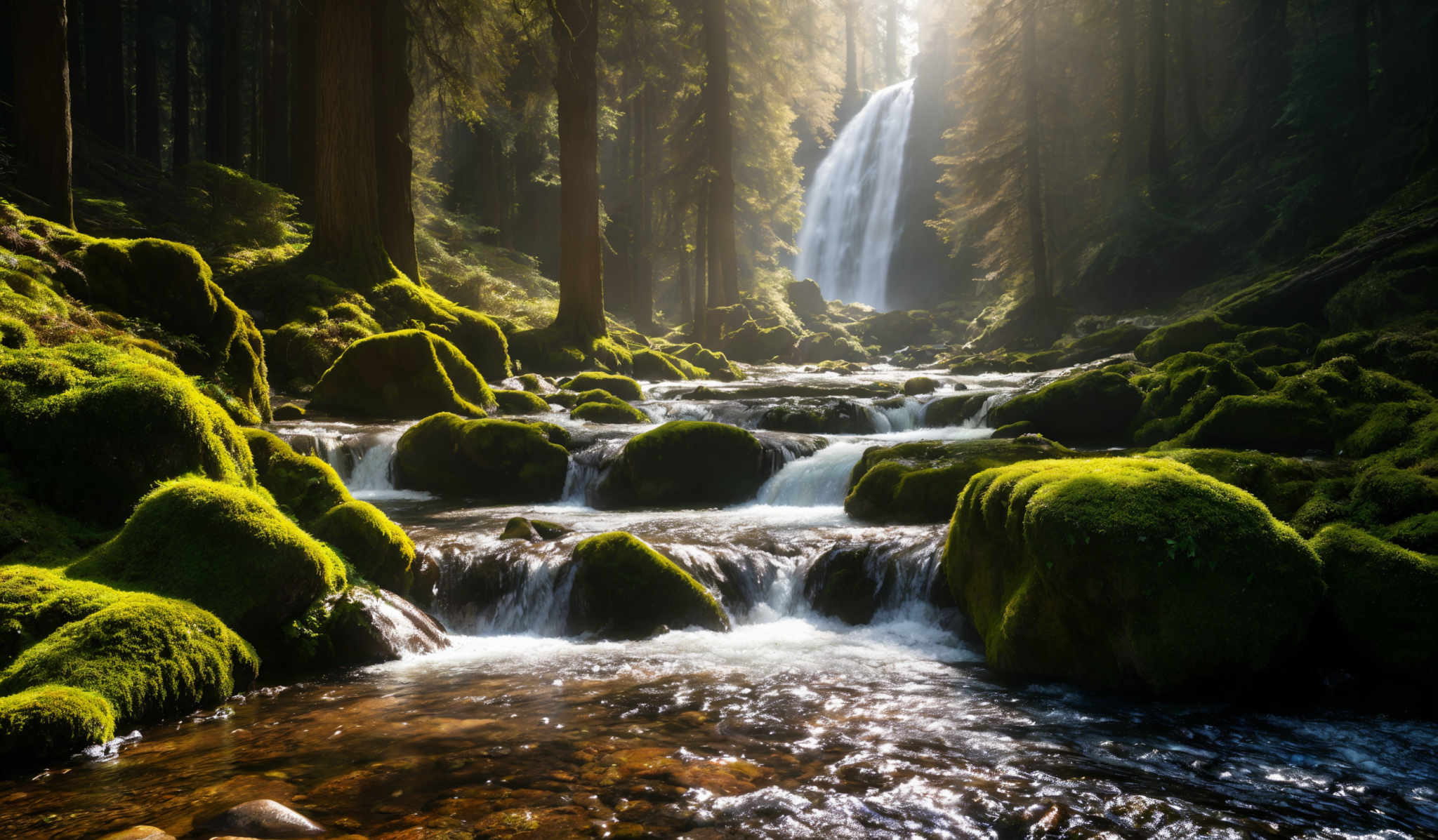 The image showcases a serene forest scene with tall, slender trees that have a rich green hue. The forest floor is covered with moss-covered rocks and stones, exhibiting vibrant shades of green. A cascading waterfall flows through the scene, with water splashing over the rocks and creating a misty ambiance. Sunlight filters through the trees, casting a soft glow and illuminating the waterfall and the surrounding area.