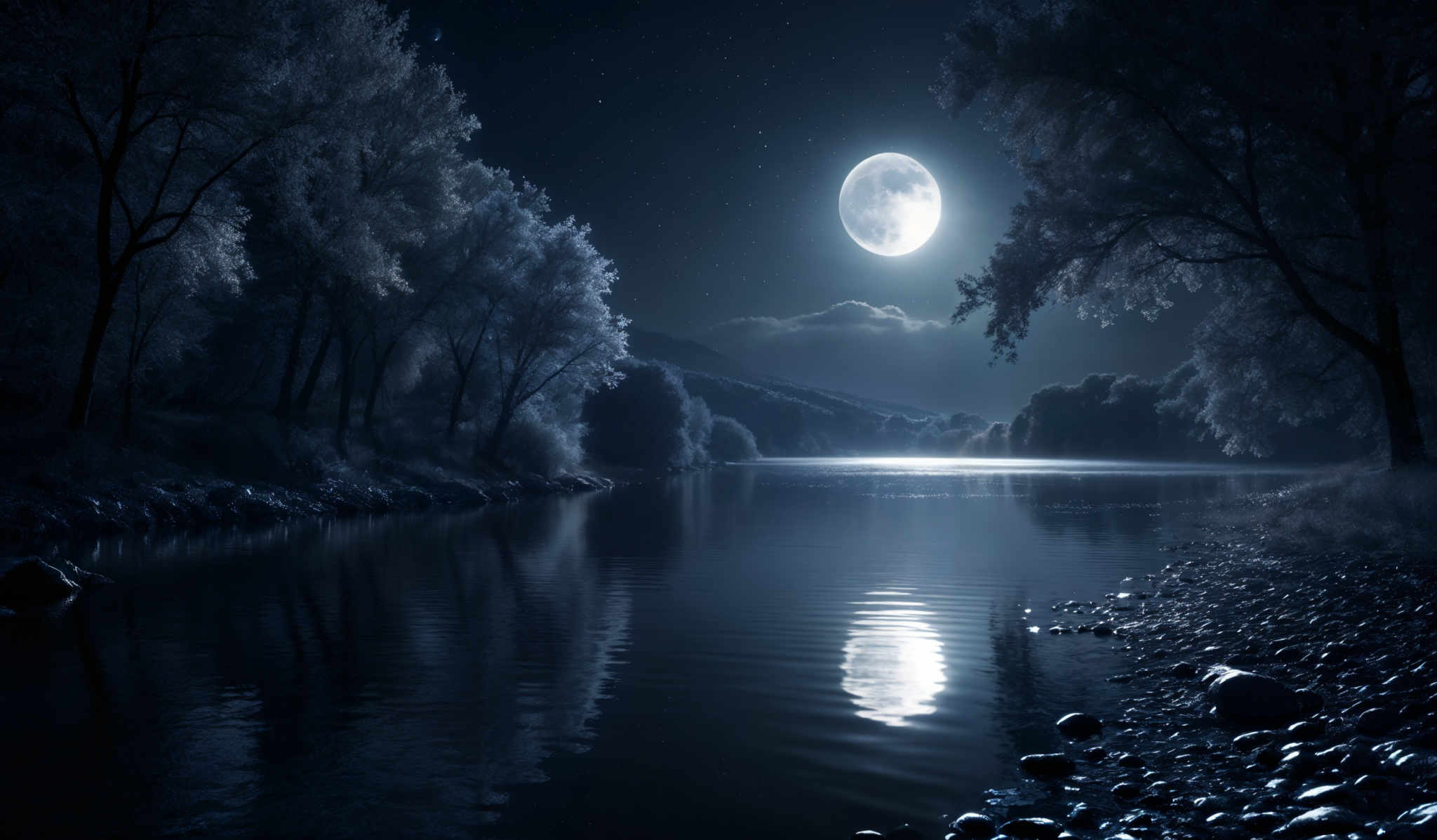 The image showcases a serene nighttime landscape. The dominant colors are shades of blue and black, giving it a cool and calming ambiance. The moon, which is almost full, casts a bright white glow, illuminating the sky and reflecting on the water below. The trees on the left and right sides of the image are tall and have a somewhat gnarled appearance, with their branches reaching out in various directions. The water in the foreground is calm, with a few rocks visible near the shore. The reflection of the trees and the moon can be seen on the surface of the water, adding depth to the scene.