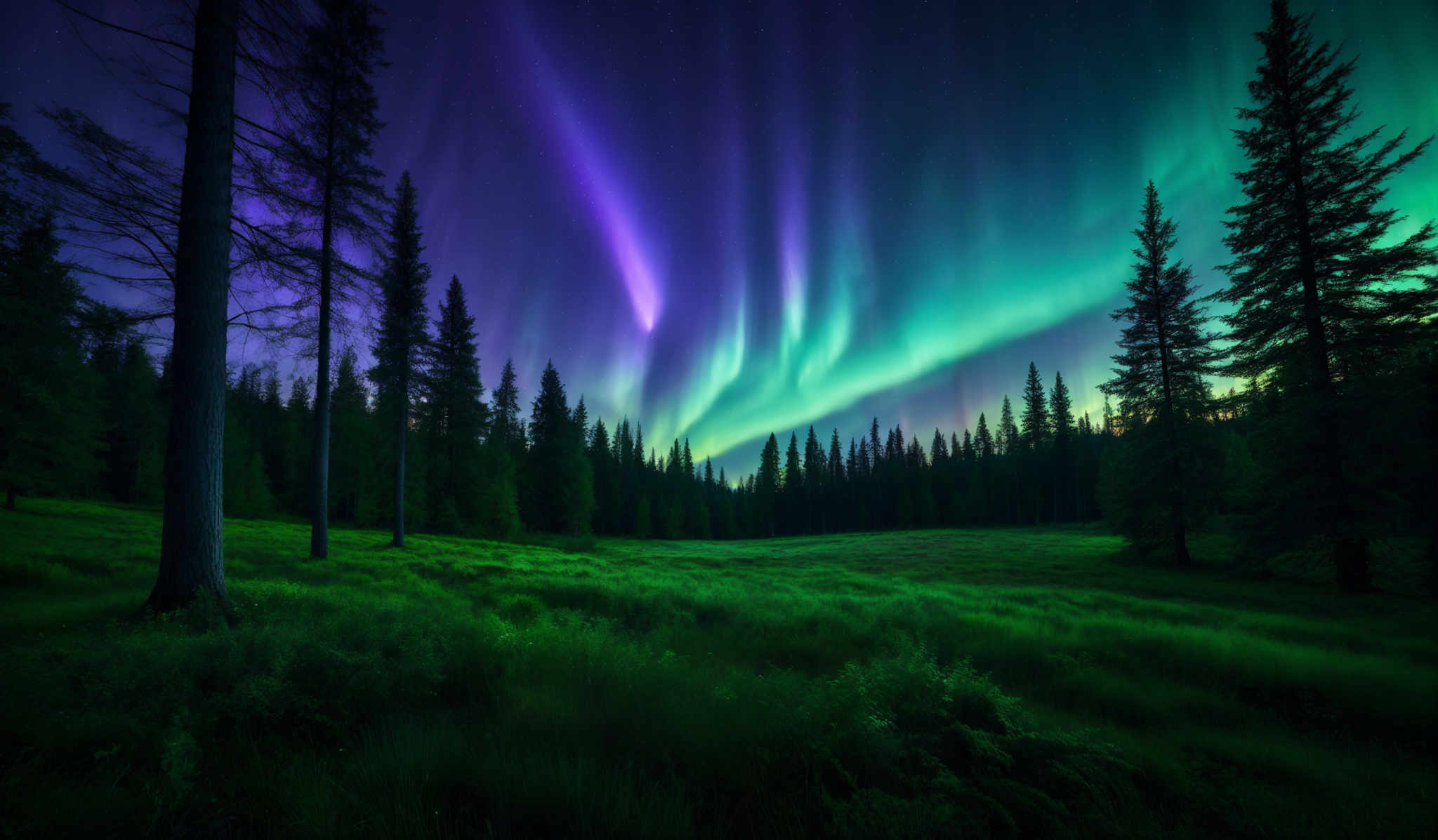 The image showcases a breathtaking view of the Northern Lights, also known as the Aurora Borealis. These lights display a mesmerizing array of colors, including vibrant shades of green, purple, and blue. The lights form ethereal curtains that dance across the night sky, creating a surreal and dreamy atmosphere. On the ground, there's a lush forest with tall pine trees. The forest floor is covered in green grass, and there are some underbrush and small plants visible. The overall scene is serene and awe-inspiring, capturing the beauty of nature in its purest form.