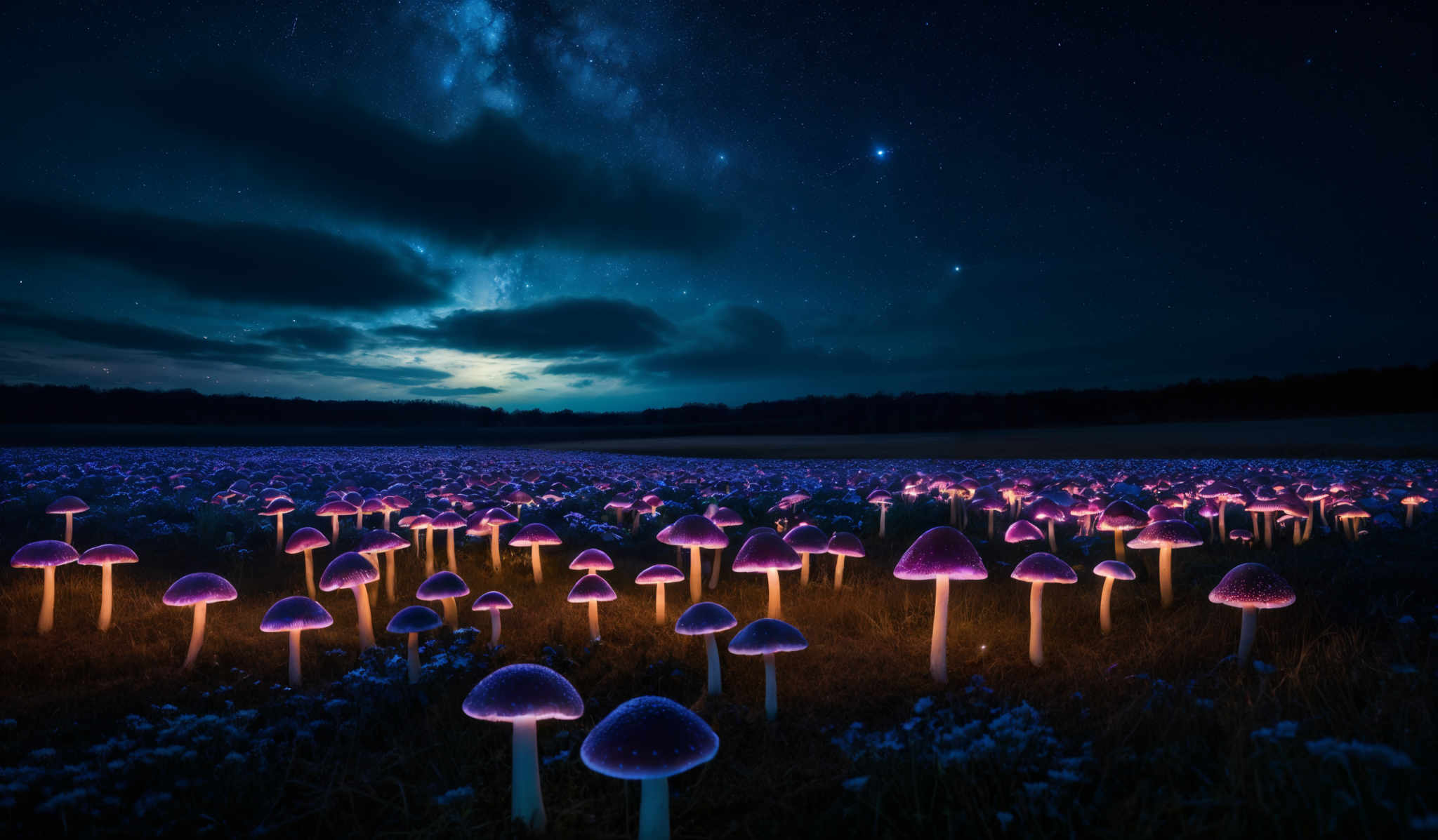 The image showcases a mesmerizing night landscape. The sky is painted with hues of deep blue and is dotted with stars. A prominent Milky Way can be seen stretching across the sky. Below, a field is illuminated with a soft glow, revealing a multitude of mushrooms. These mushroom caps are radiant, glowing in a vibrant purple hue, while their stems are white. The ground is also illuminating, suggesting the presence of some light source or perhaps bioluminescence in the mushrots. The overall ambiance is surreal, evoking feelings of wonder and enchantment.