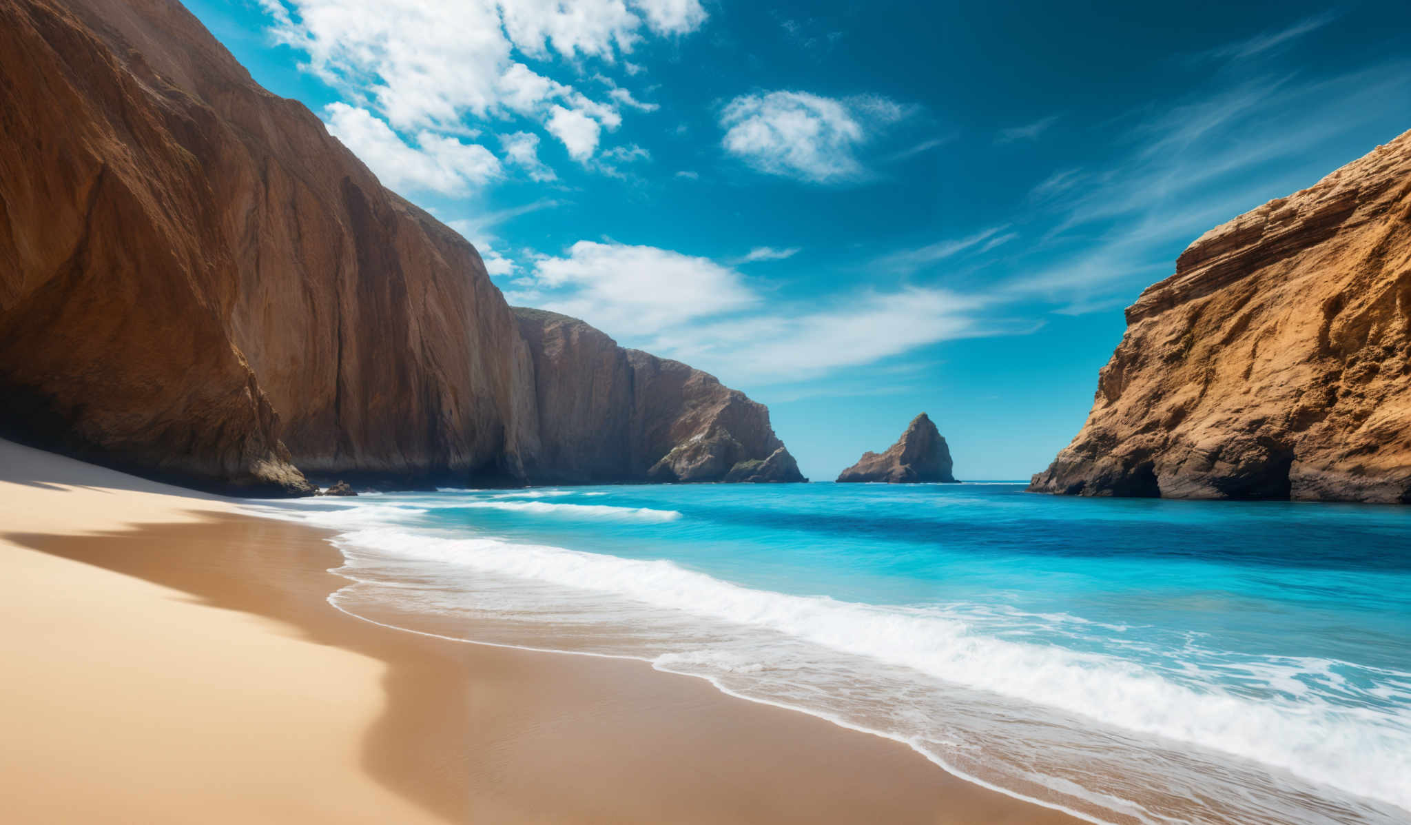 The image showcases a pristine beach with golden sands. The azure waters gently lap against the shore, creating a white frothy wave. Towering cliffs, with rugged textures, flank both sides of the beach. The cliffs are reddish-brown in color, contrasting beautifully with the clear blue sky above. The sky is dotted with fluffy white clouds, and the sunlight casts a warm glow on the scene. In the distance, there are rock formations emerging from the water, adding to the scenic beauty.