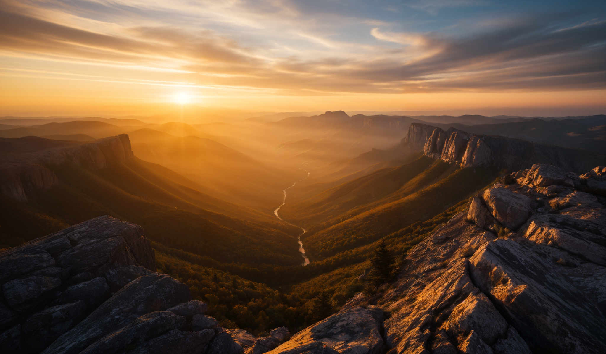 The image showcases a breathtaking landscape during sunset. The sky is painted with hues of orange, gold, and blue, with the sun casting a warm glow over the scene. The horizon is marked by a series of mountain ranges, with some of them appearing as plateaus or mesas. In the foreground, there are rugged rock formations, and a winding river can be seen snaking through the valley below. The valley is lush with greenery, suggesting it might be a forested area. The play of light and shadow adds depth and dimension to the image, making it a captivating view.