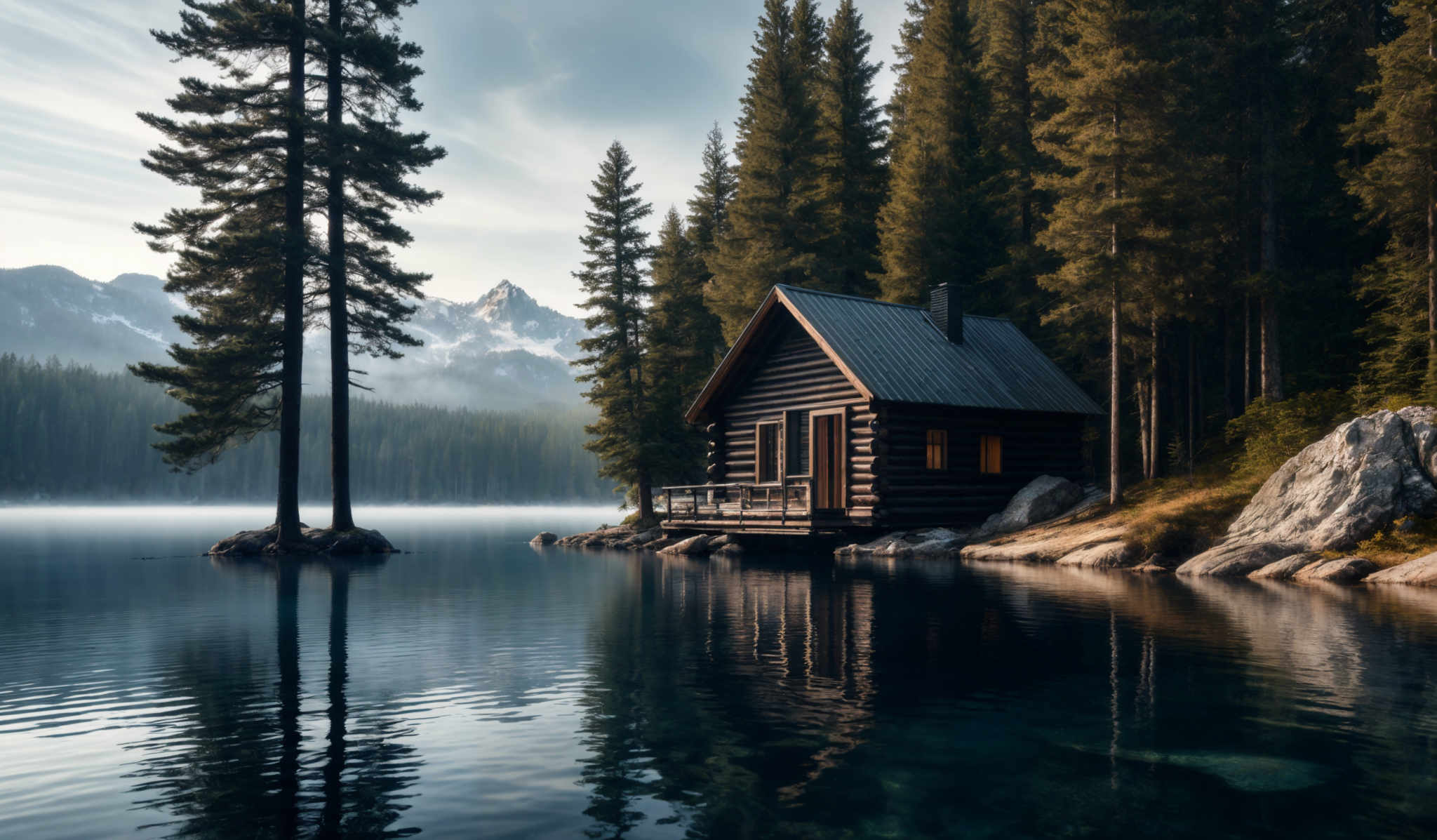 The image showcases a serene landscape with a calm lake reflecting the surrounding scenery. Dominating the foreground is a wooden cabin with a sloping roof, positioned on the edge of the lake. The cabin is surrounded by tall, dense pine trees. The lake's waters are clear, allowing for a near-perfect reflection of the trees, cabin, and distant mountains. The mountains in the background are partially covered in snow, and the sky above is a mix of light blue and white, suggesting a clear day with some clouds.