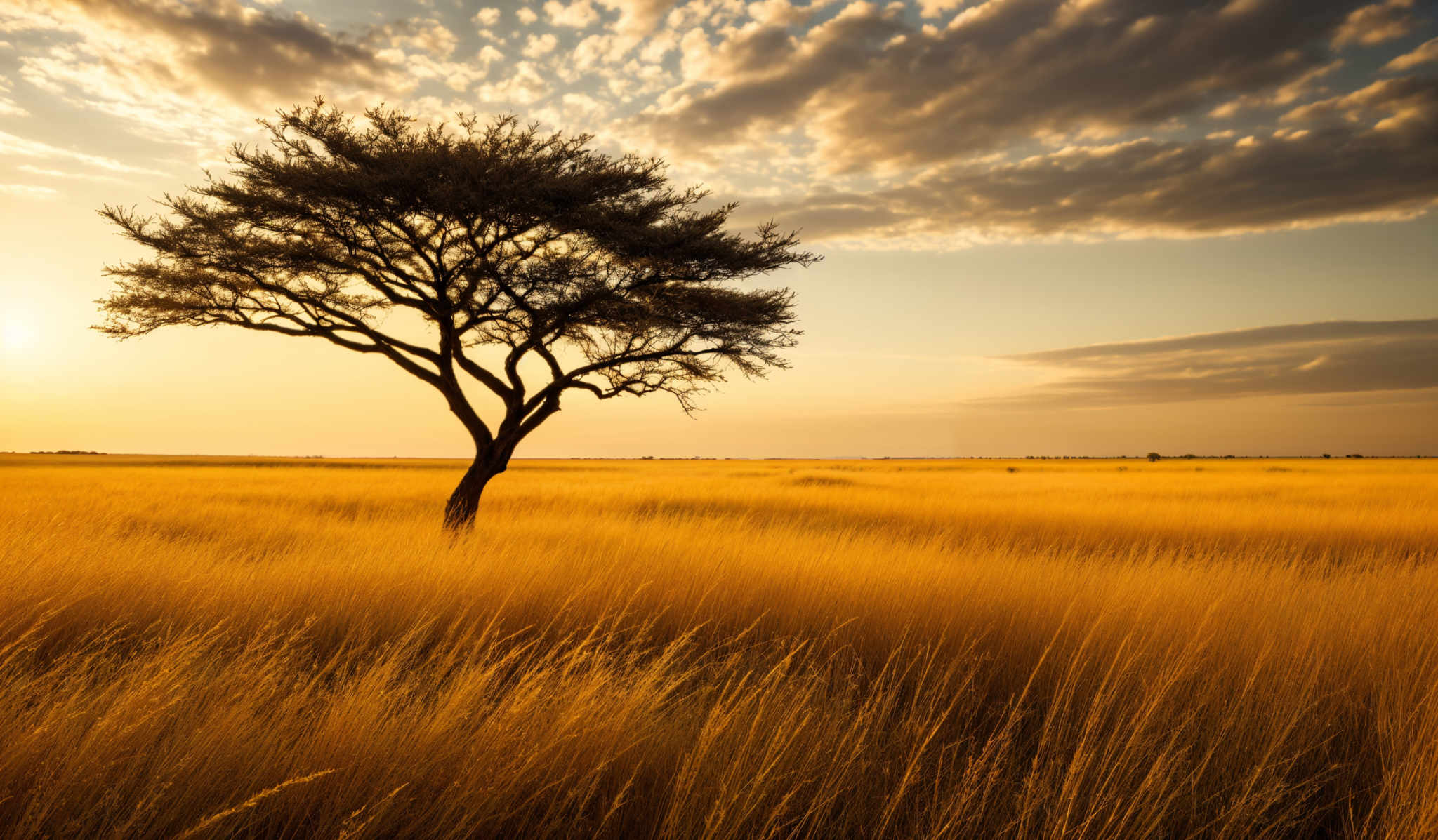 The image showcases a vast expanse of golden-yellow grasslands stretching to the horizon. Dominating the foreground is a solitary, umbrella-shaped acacia tree with its branches spreading out. The sky above is painted with hues of orange, gold, and blue, dotted with fluffy white clouds. The sun is seen setting or rising on the left side, casting a warm glow over the landscape.